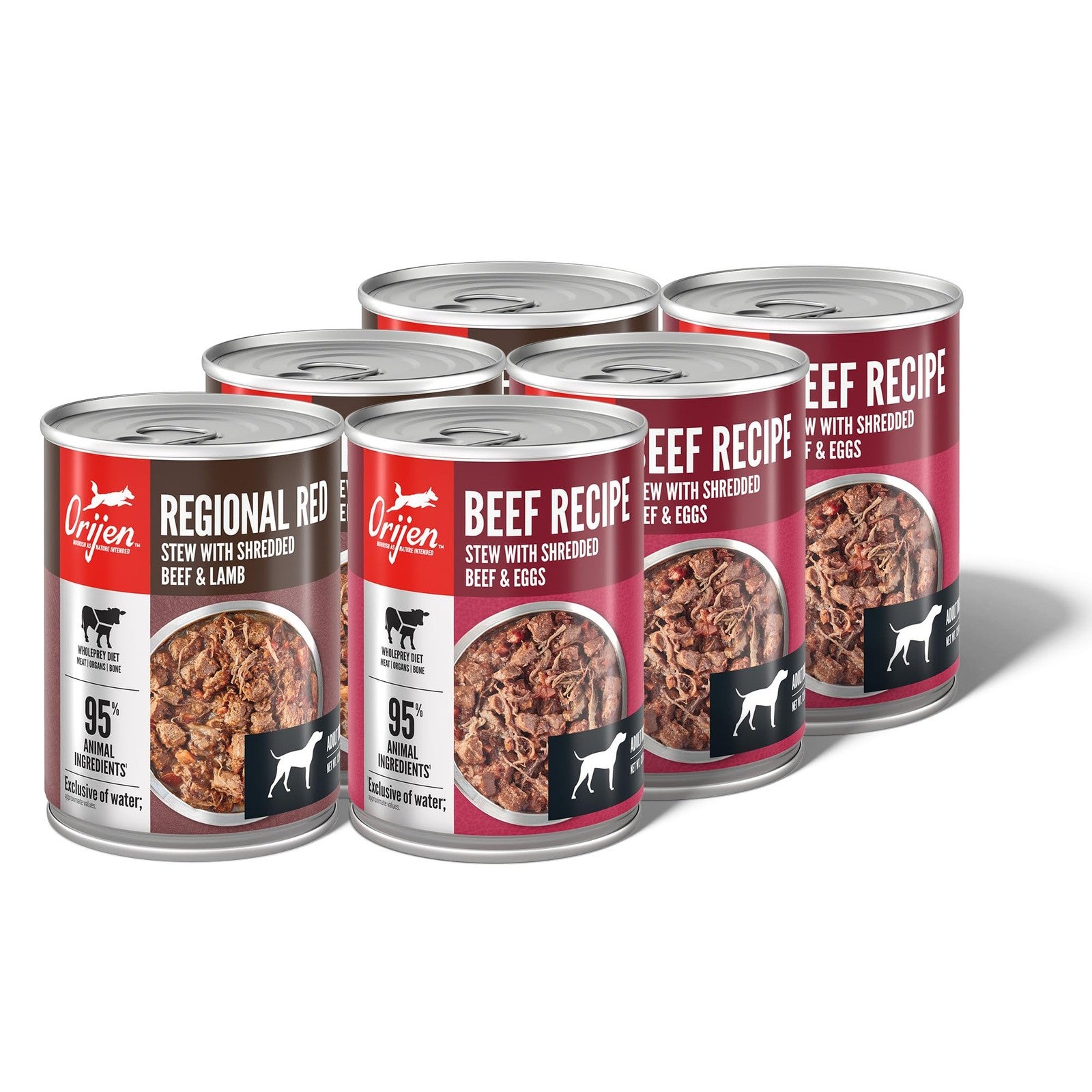 ORIJEN Real Meat Shreds Wet Dog Food Variety Pack with regional red beef in 12.8oz cans, featuring high-quality meat for dogs.