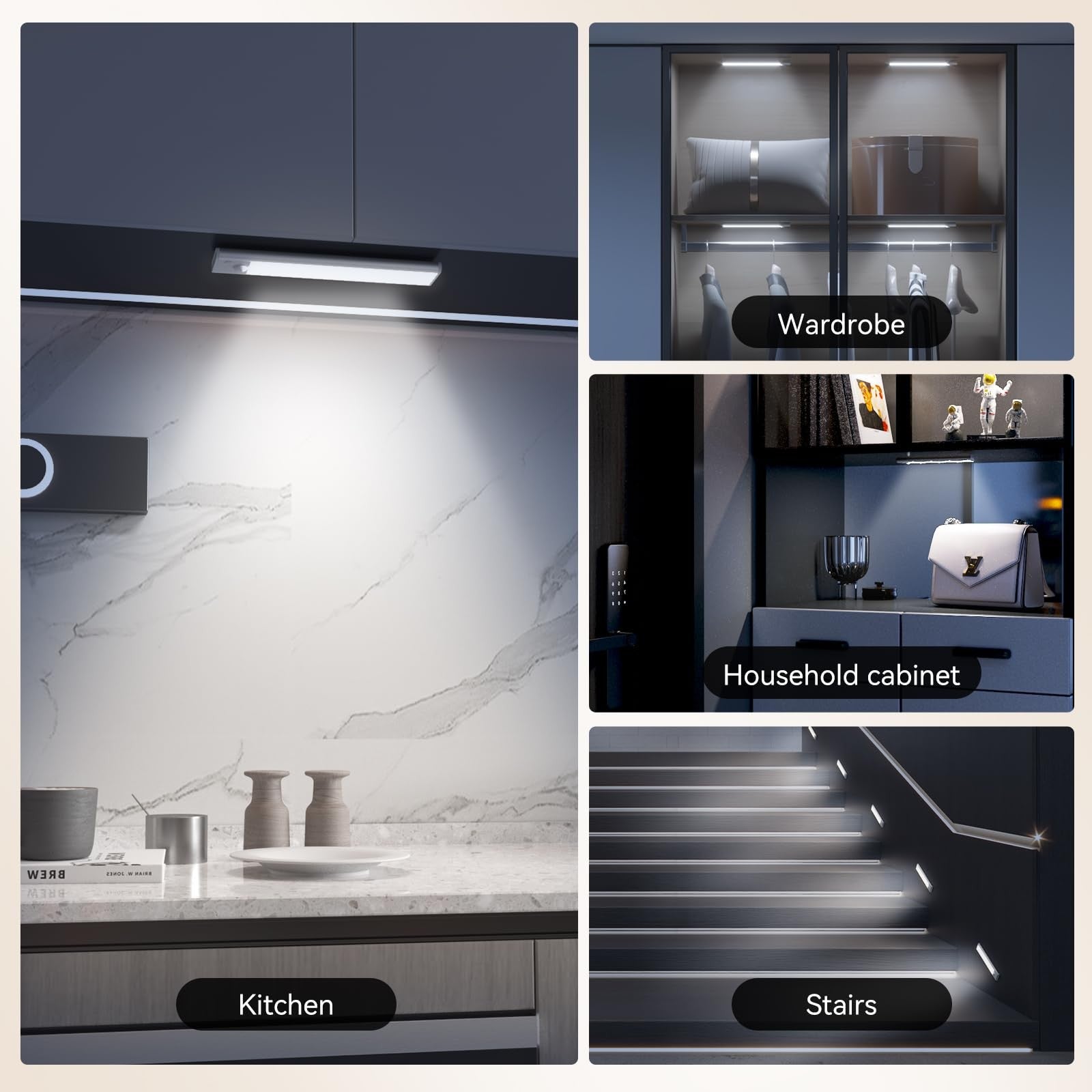 Xinp LED magnetic motion-activated under cabinet lighting installed under kitchen cabinet for bright, hands-free illumination.
