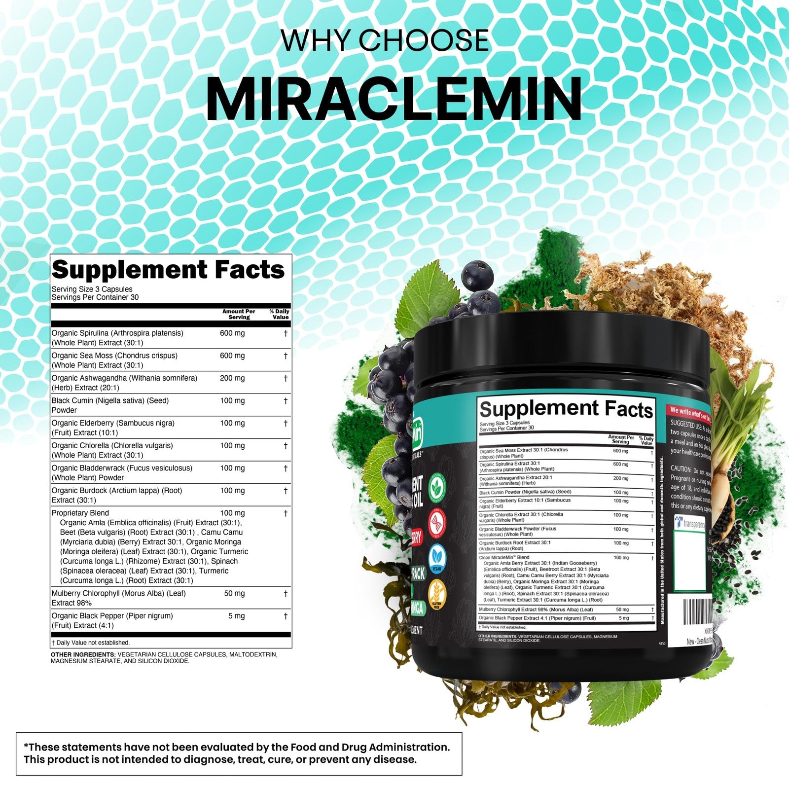 Clean Nutra Organic Sea Moss Capsules with Ashwagandha, Black Seed Oil, and Burdock shown in a bottle with capsules and natural ingredients.