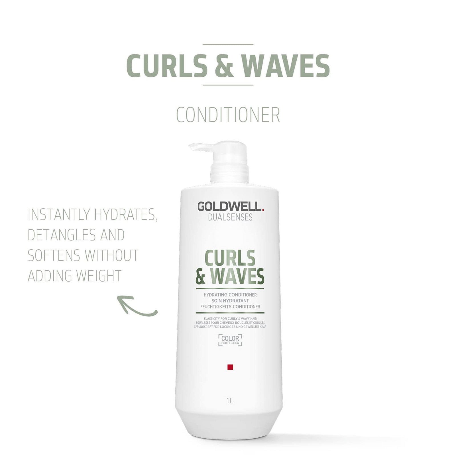 Goldwell Dualsenses Curls & Waves Hydrating Conditioner 1L bottle with gold and blue packaging, suitable for curly and wavy hair.
