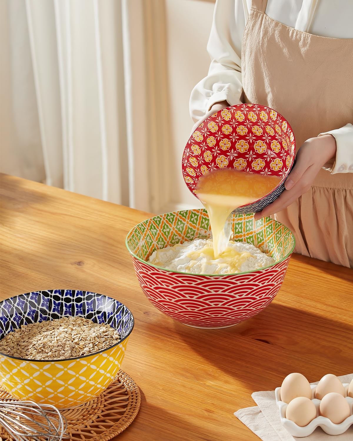 Set of colorful Metahom ceramic mixing bowls for kitchen, nesting design, large serving bowls for cooking and prep.