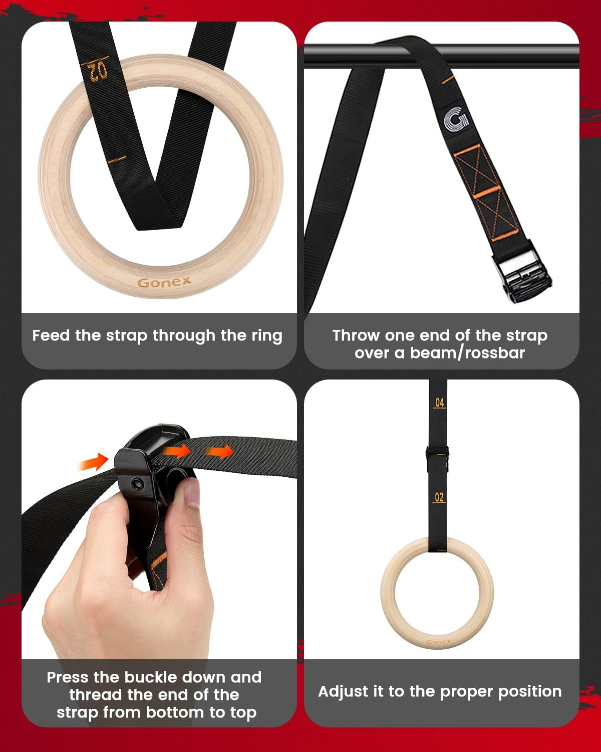 Gonex gymnastics rings with adjustable straps and cam buckle, ideal for pull-up workouts and strength training exercises.