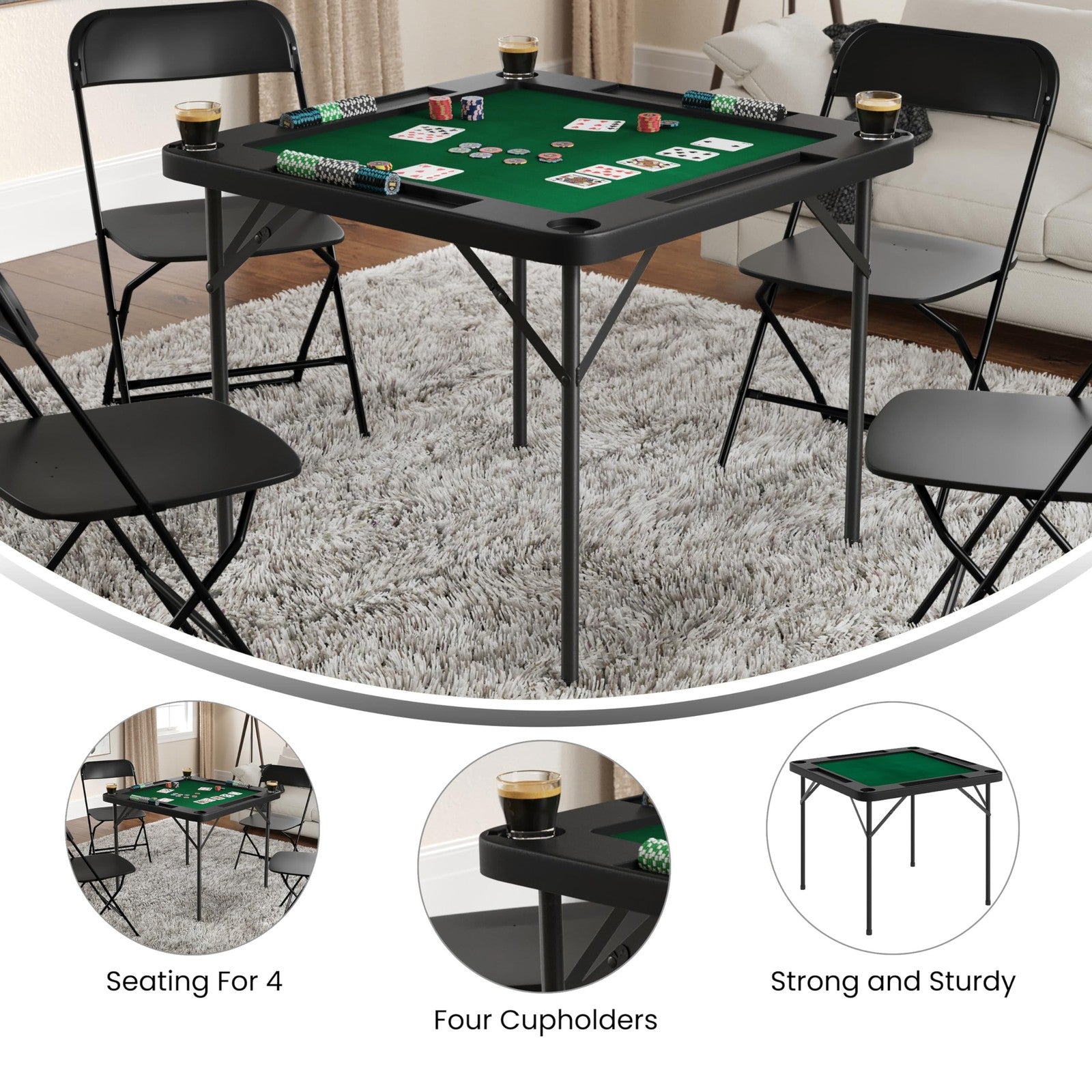 Green felt folding card table by Flash Furniture with a 34.5-inch square surface and sturdy metal legs.