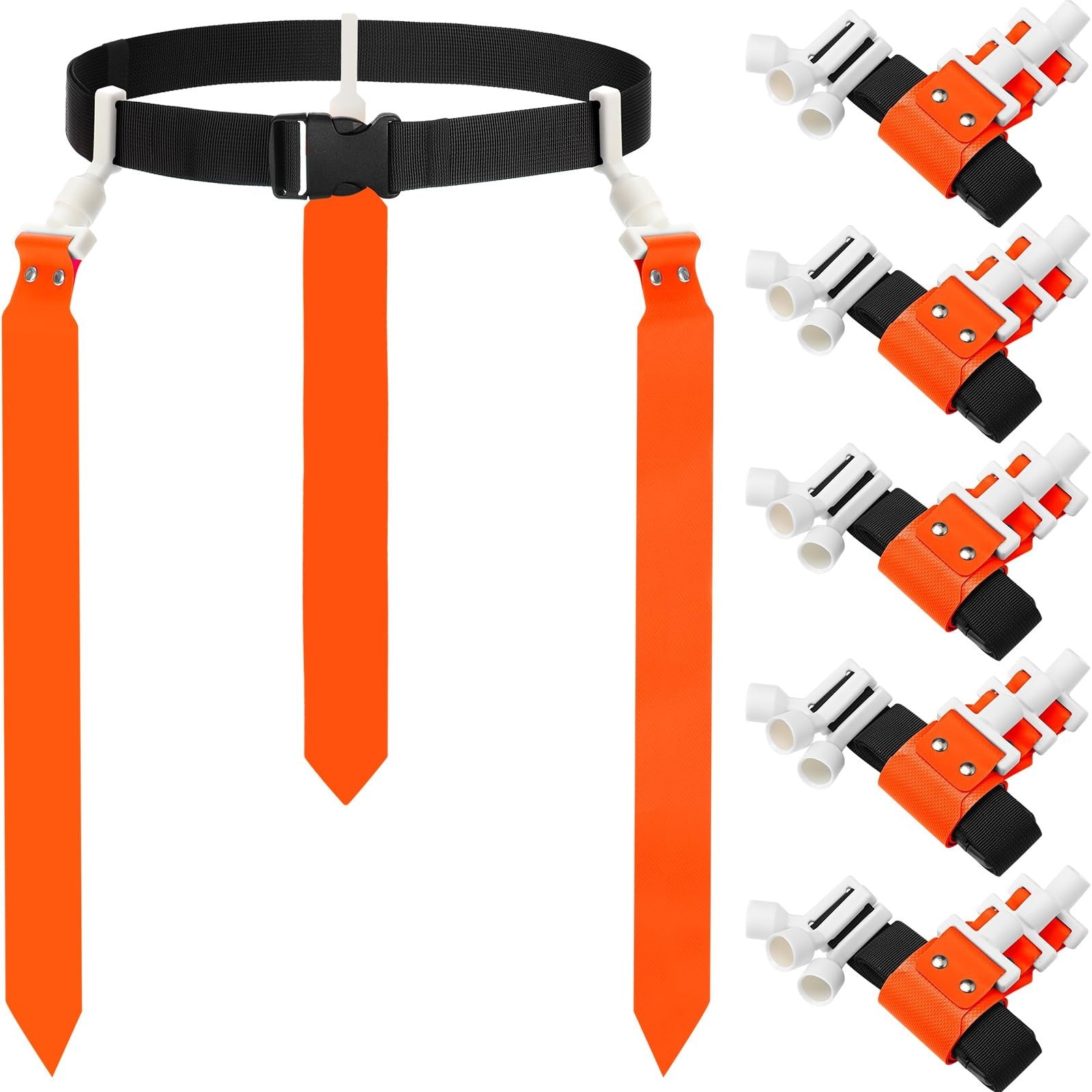 Junkin flag football set with adjustable belts and flags for 6, 8, or 10 players, shown with colorful flags and belts.