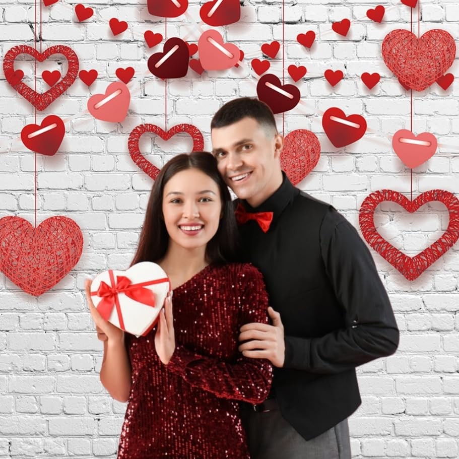 INRUI RUINI Valentine's photography backdrop featuring red heart bokeh, rustic white brick wall design for romantic photo shoots