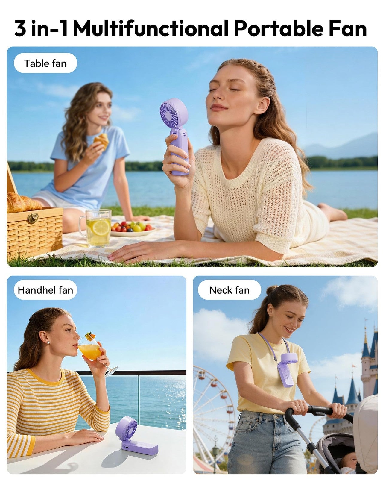 Gaiatop portable handheld fan with 5 speeds, rechargeable battery, and 3-in-1 neck design, showing the fan's compact, ergonomic shape.