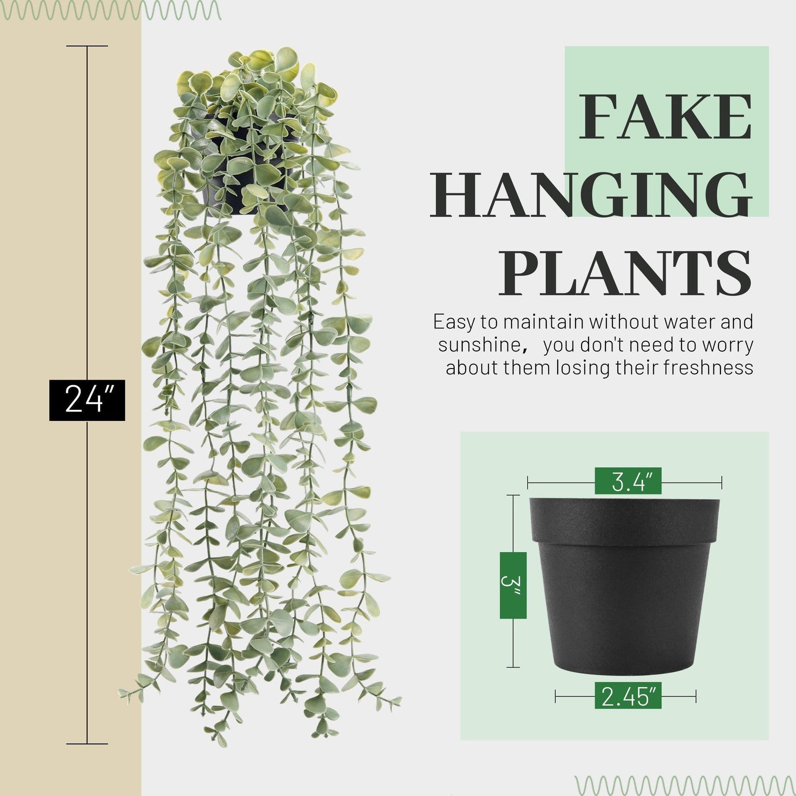 Artificial hanging eucalyptus plant by Der Rose, ideal for modern boho and farmhouse decor, shown hanging with lush green leaves.