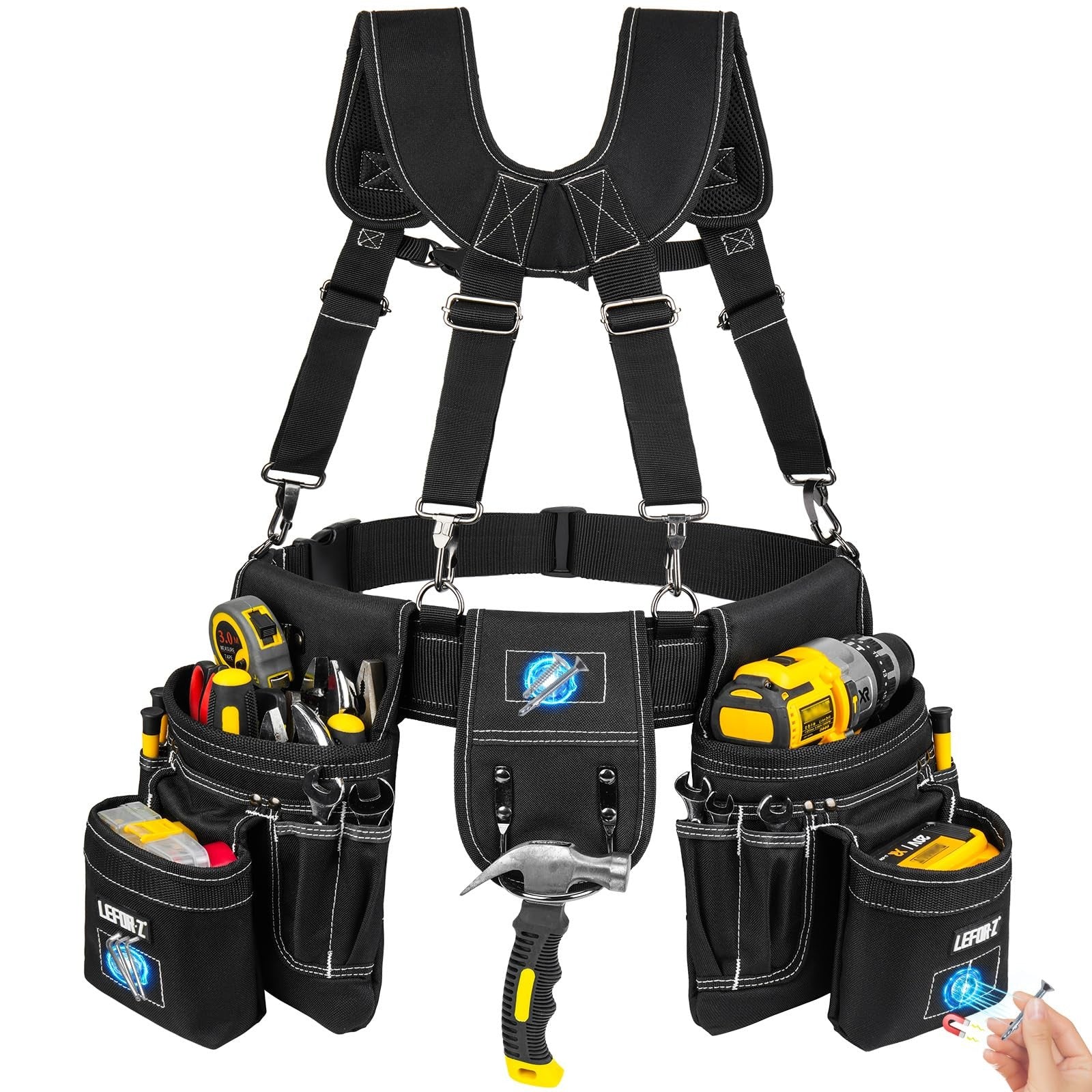 Heavy-duty LEFOR·Z tool belt with suspenders showing 27 pockets and magnetic tool holders, designed for men’s construction work.
