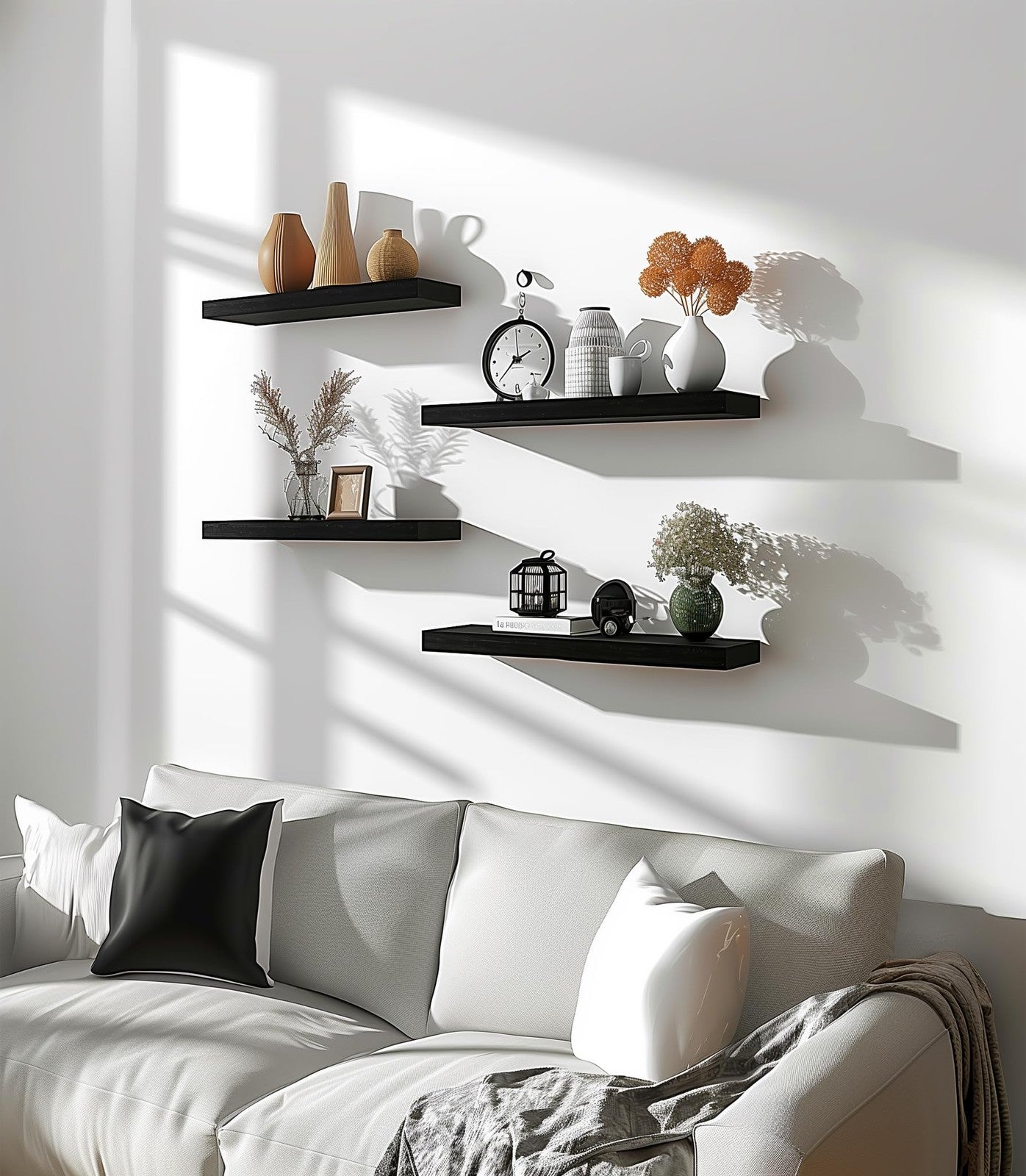 Set of six PHPH black wood floating bedroom shelves, 17-inch wall-mounted storage and display shelves.