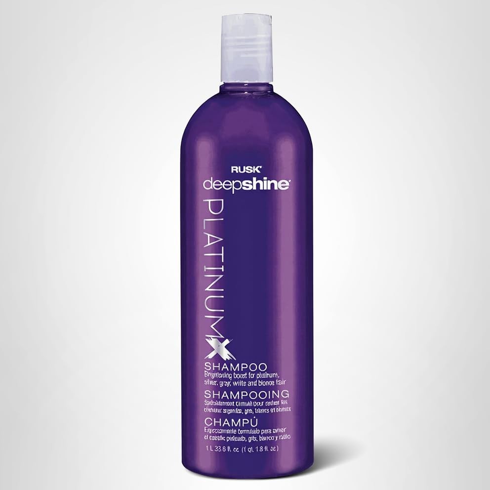 RUSK Deepshine PlatinumX shampoo bottle for gentle cleansing and brightening platinum hair, with a sleek purple and silver design.
