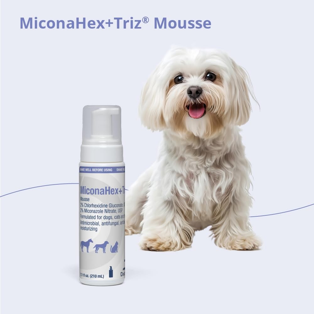 MiconaHex+Triz Mousse for dogs, cats, and horses showing the 7.1 oz bottle with label and foam applicator for skin and coat care.