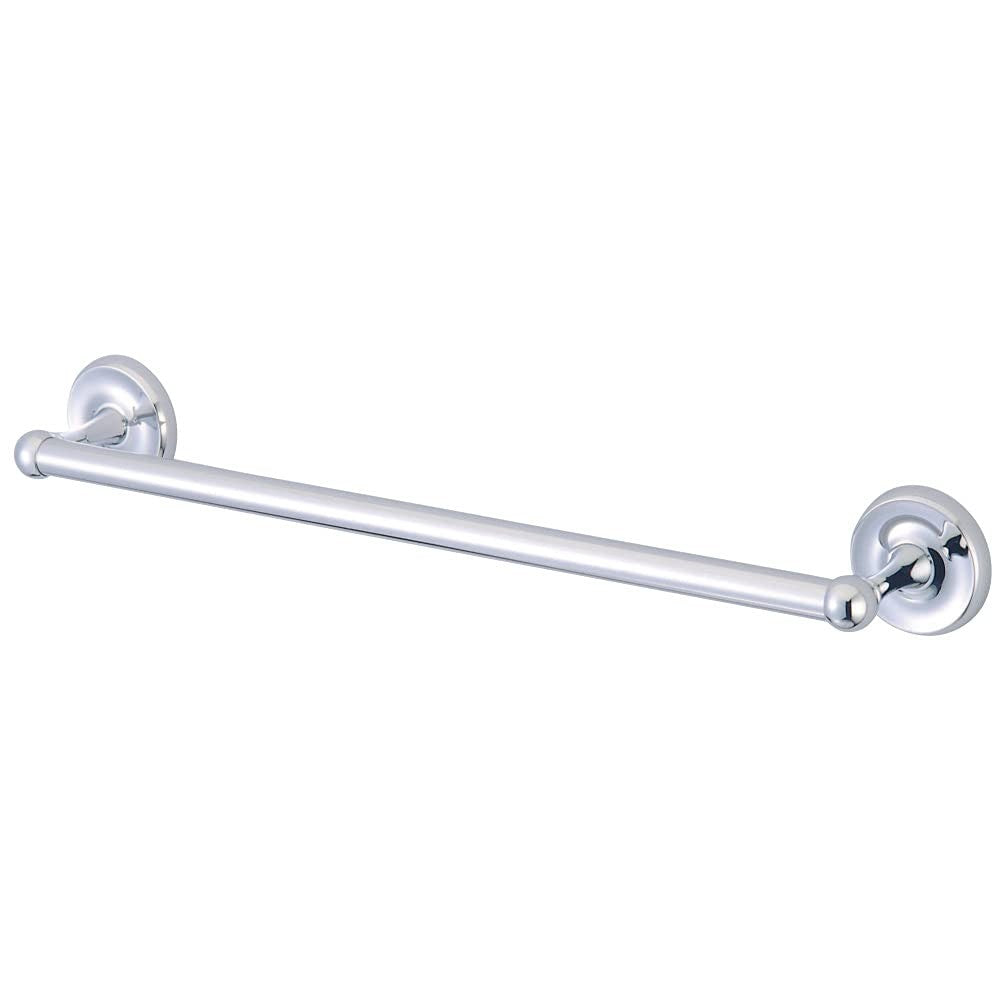 Kingston Brass Classic 24-inch Single Towel Bar in polished chrome mounted on bathroom wall with towel hanging