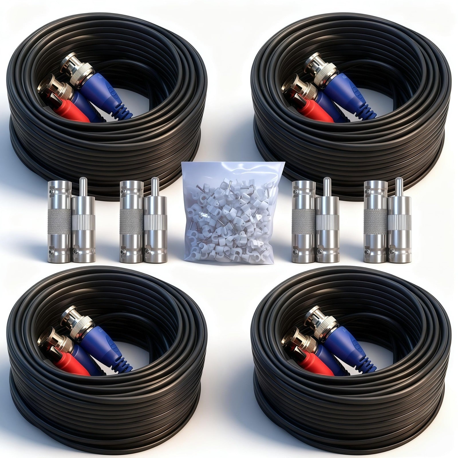 LETONDA 4-piece 100ft security camera BNC video power cable extension set showing connectors and cable length