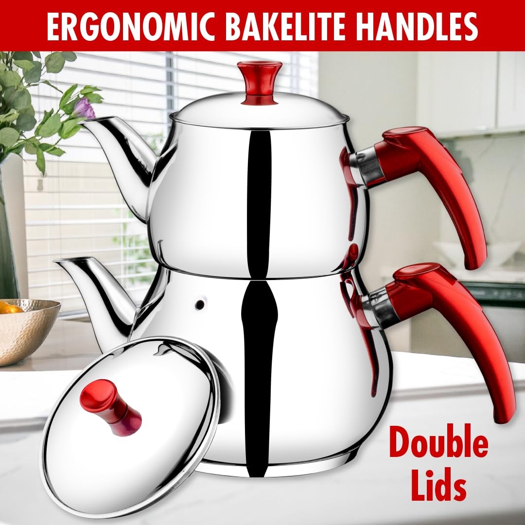 Hakan stainless steel 93 oz teapot set with double lids and self-strainer, featuring a sleek, modern design.