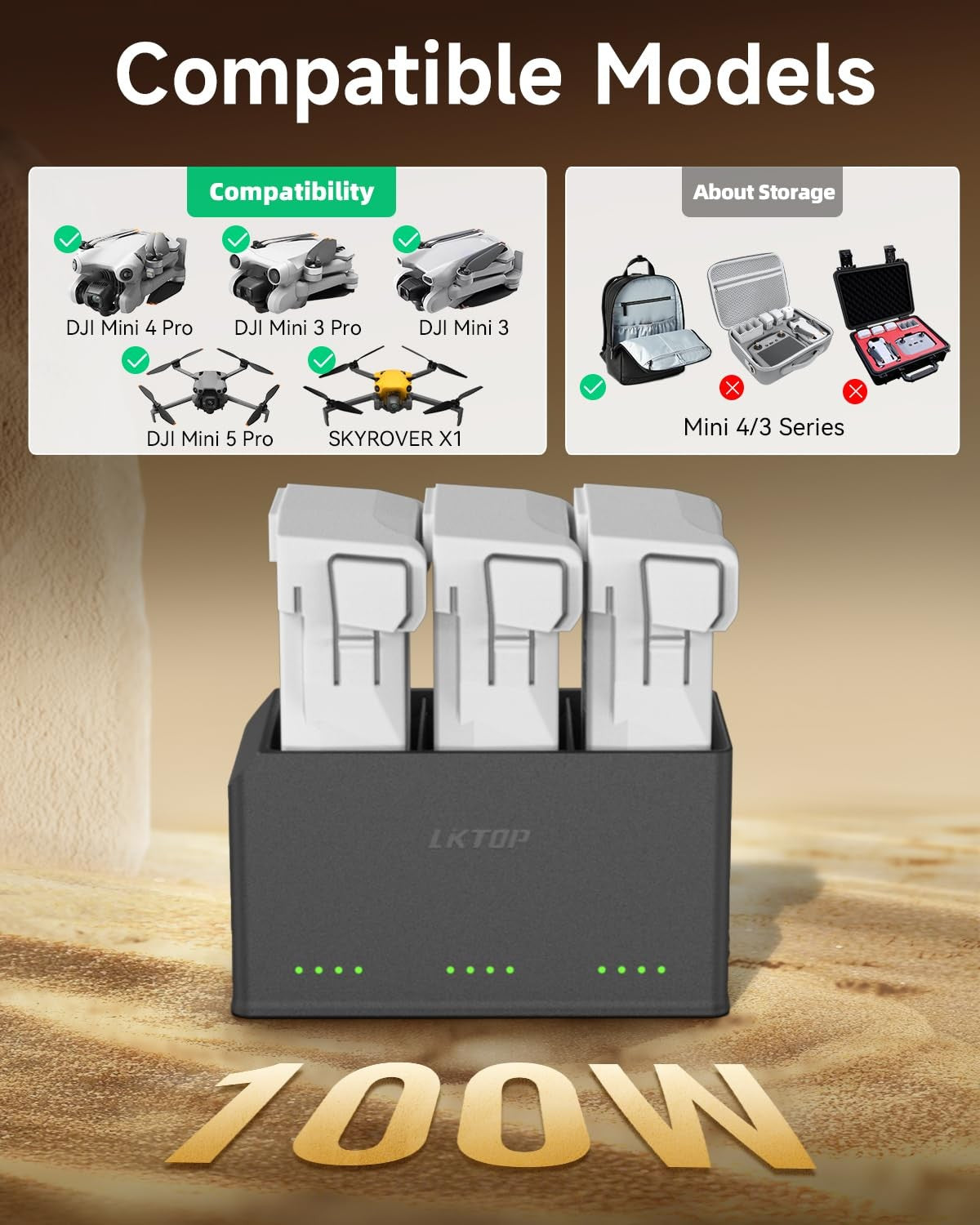 LKTOP 100W Mini parallel charging hub for DJI Mini series, shown with multiple charging ports and compact design.