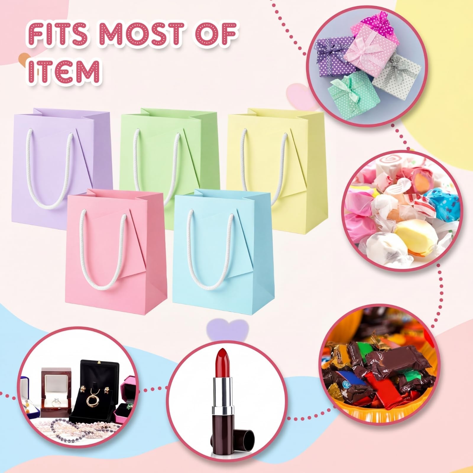 Set of 10 Sherr Mini Gift Bags in bulk, paper bags with tags, measuring 4 x 2.75 x 4.5 inches, ideal for gift wrapping.