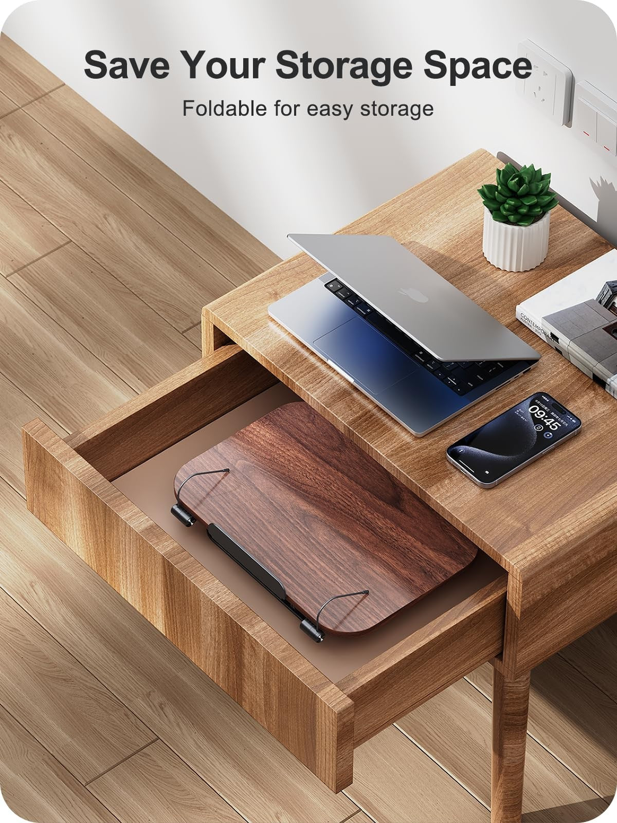 MOKURU adjustable foldable book stand for reading, with 360° rotation and sturdy support for books or tablets.