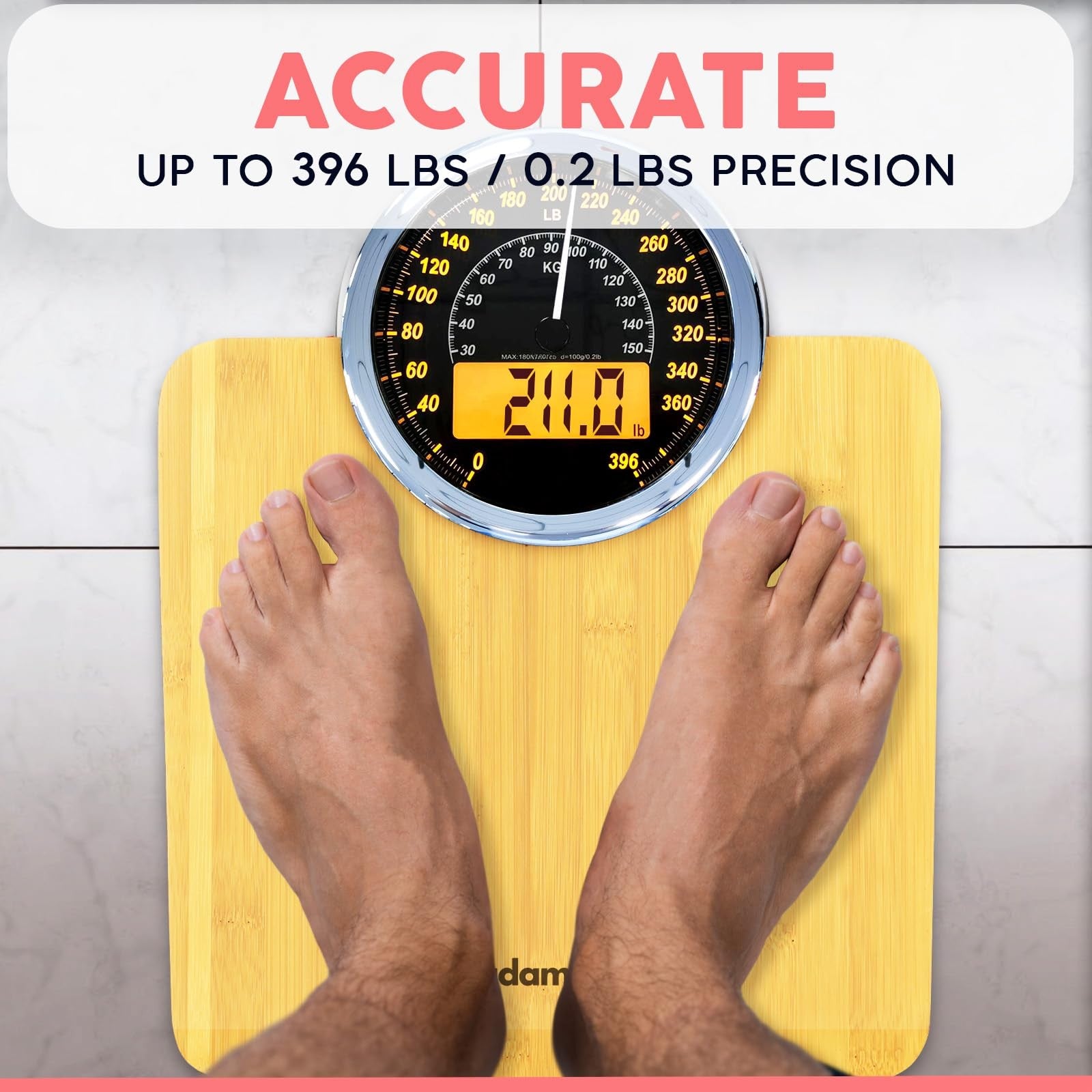 Adamson hybrid 2-in-1 analog and digital weighing scale showing body weight up to 400 lbs on a bathroom floor