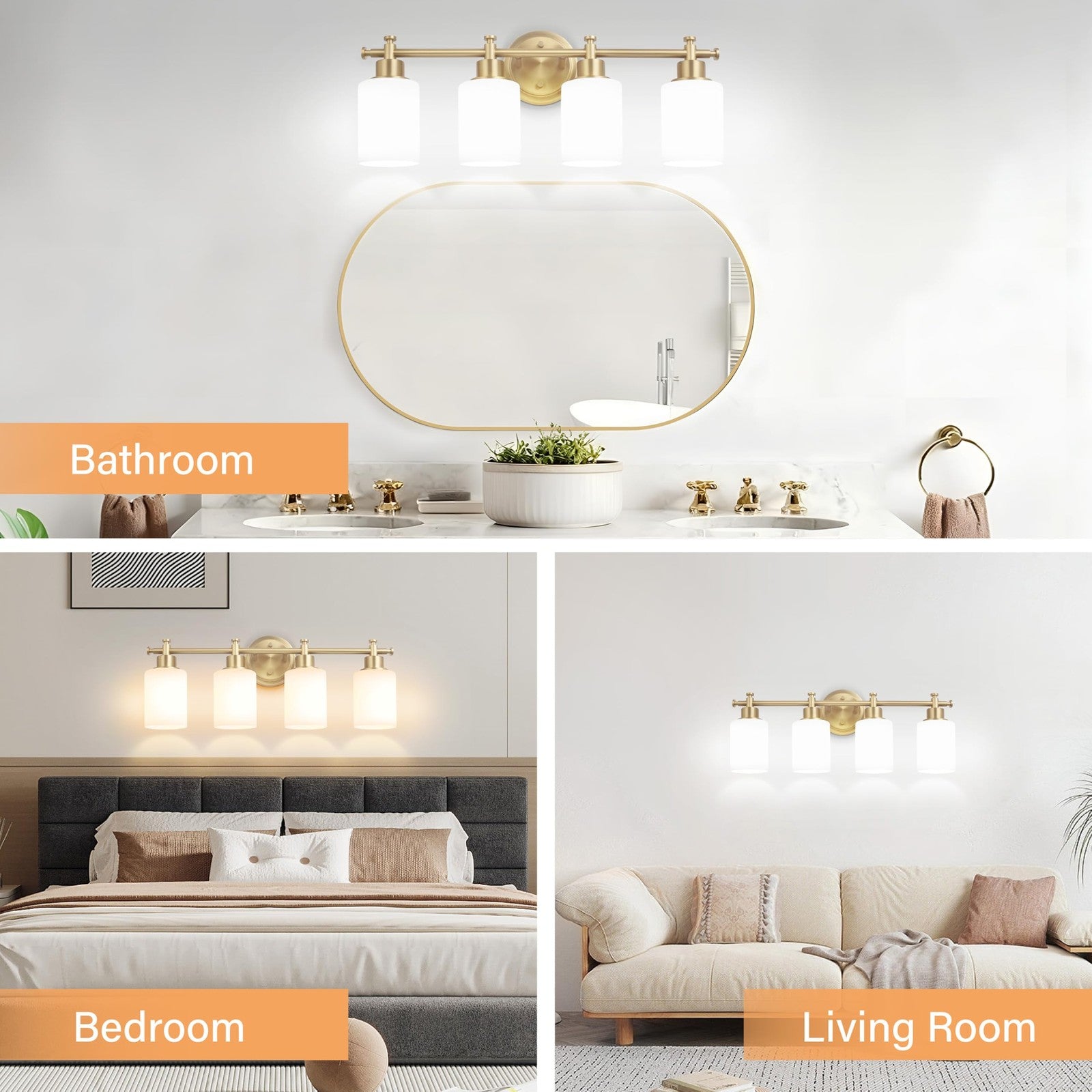 Imizdlum 4-light brushed gold bathroom vanity light fixture with modern design and clear glass shades for stylish bathroom lighting.