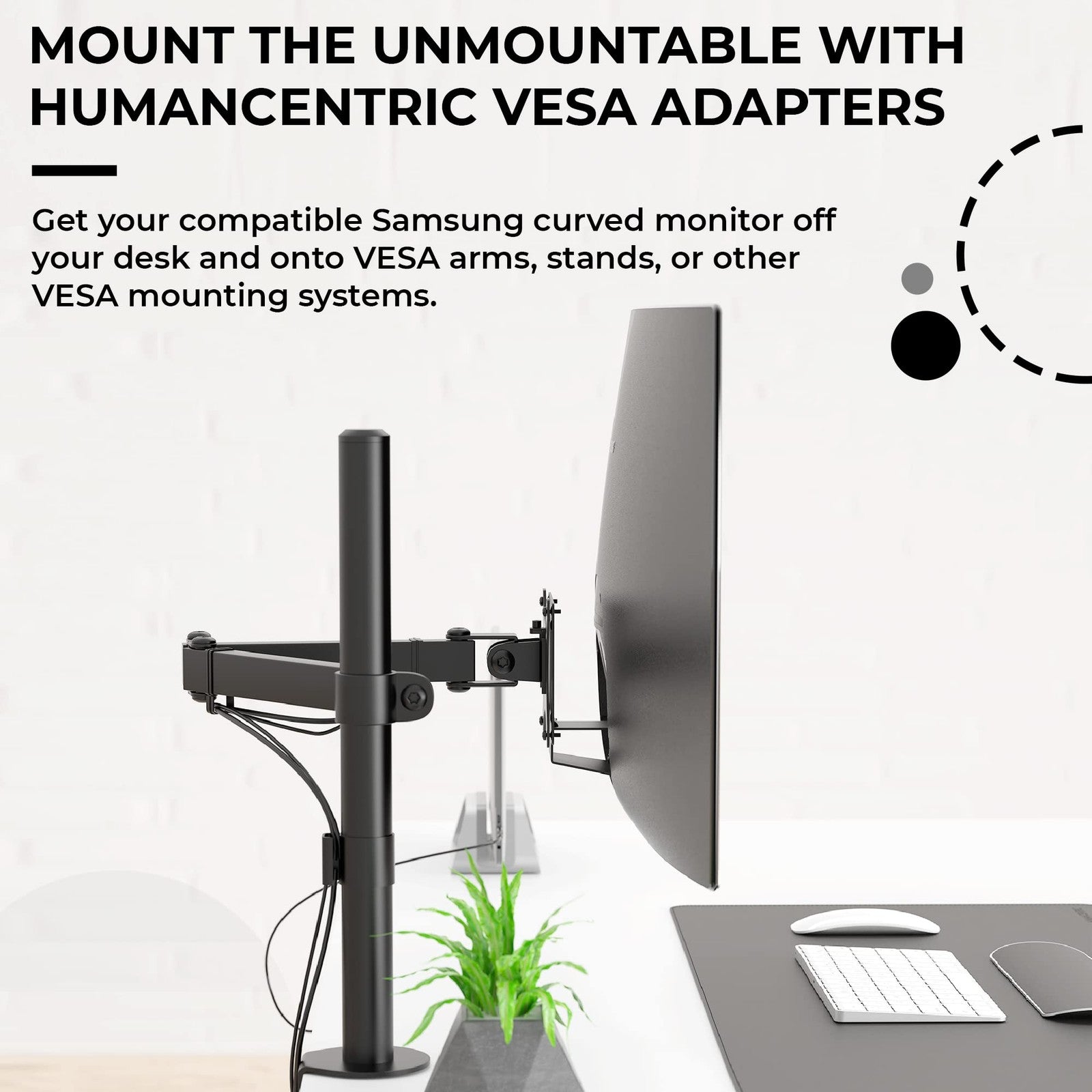 HumanCentric VESA mount adapter attached to Samsung U32R590 curved monitor for adjustable wall mounting and improved workspace setup.