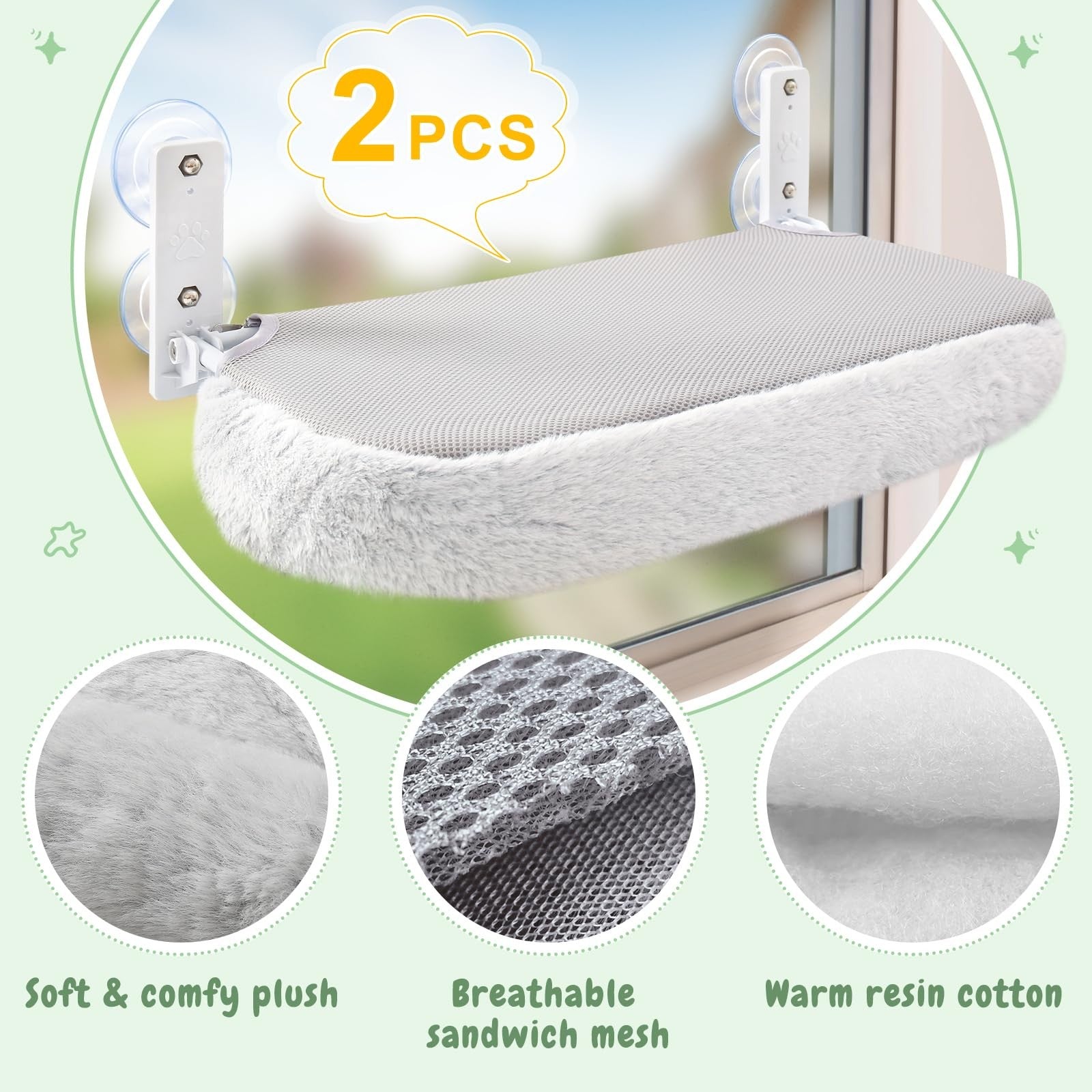 Sunhoo 2-pack cat window perch hammock with foldable sunny bed seat and suction cups, showing the cozy resting area for cats.