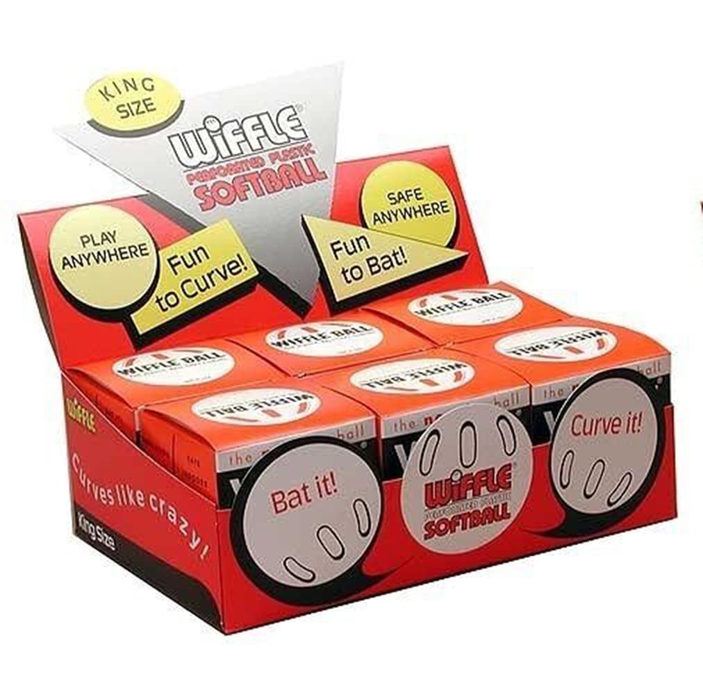 Six WIFFLE 12-inch softball-sized soft plastic Wiffle balls on a countertop display for recreational play and practice.