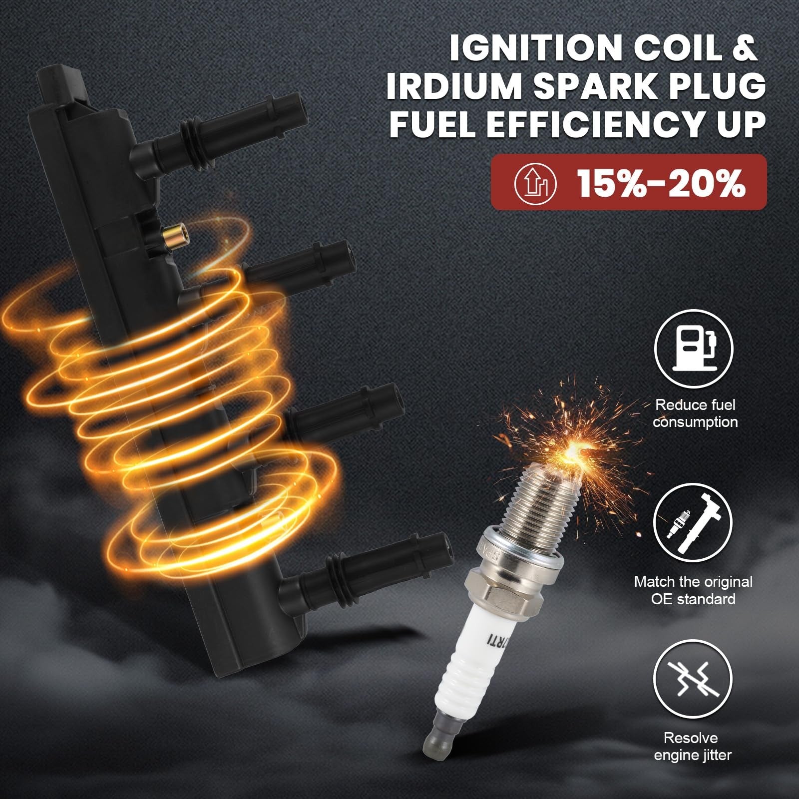 KacuYelin UF669 ignition coil pack and iridium spark plugs for Chevy vehicles, showing the coil and spark plug components.