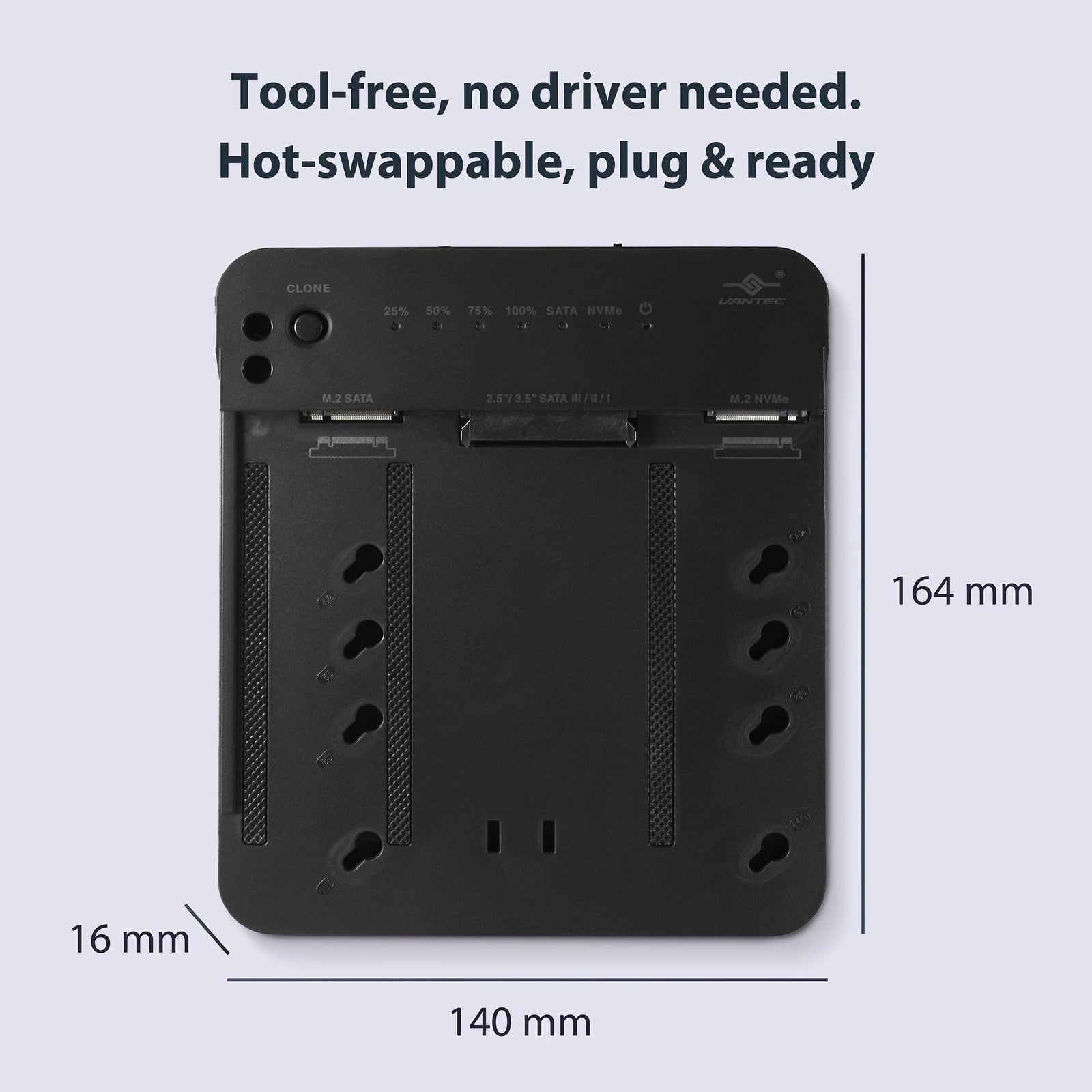 Vantec multi-function storage adapter with cloning features, showing M.2 NVMe, SATA SSD, and HDD ports for data transfer.