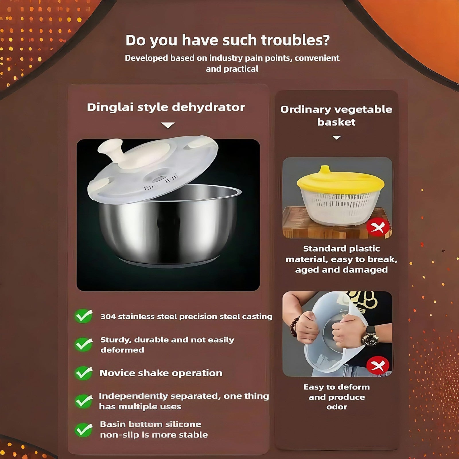 Stainless steel 6L salad spinner with lid and handle, used for washing and drying lettuce, vegetables, and fruits.