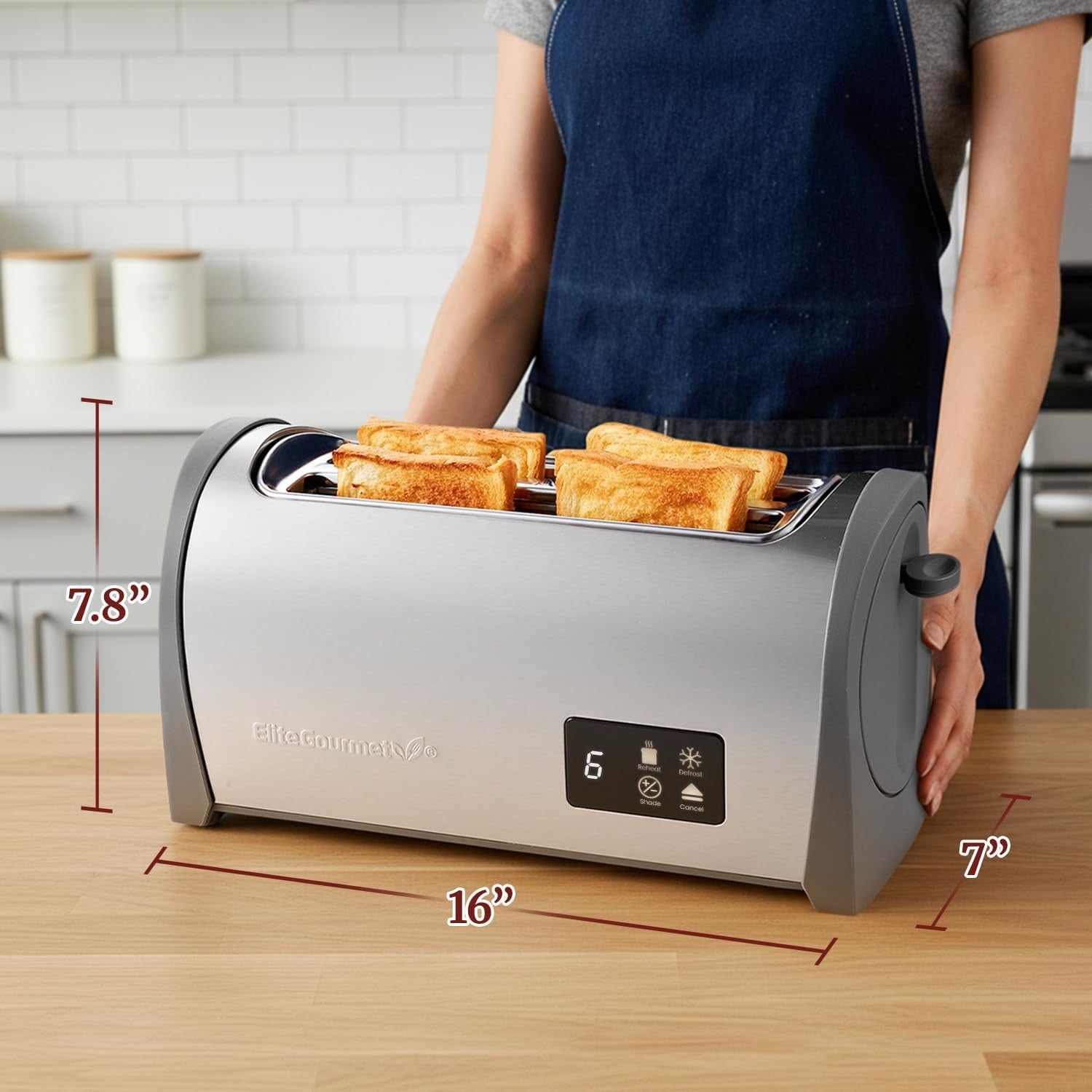 Elite Gourmet digital long slot 4-slice toaster with touch screen LED display, showing toasted bread in a modern kitchen setting.