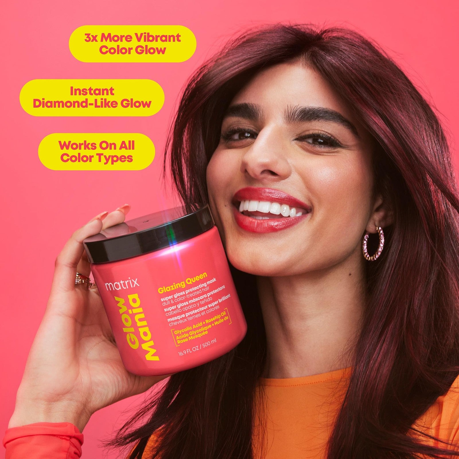 Matrix Glow Mania Super Gloss Protecting Mask applied to hair, showcasing a shiny, healthy hairstyle with a glossy finish.