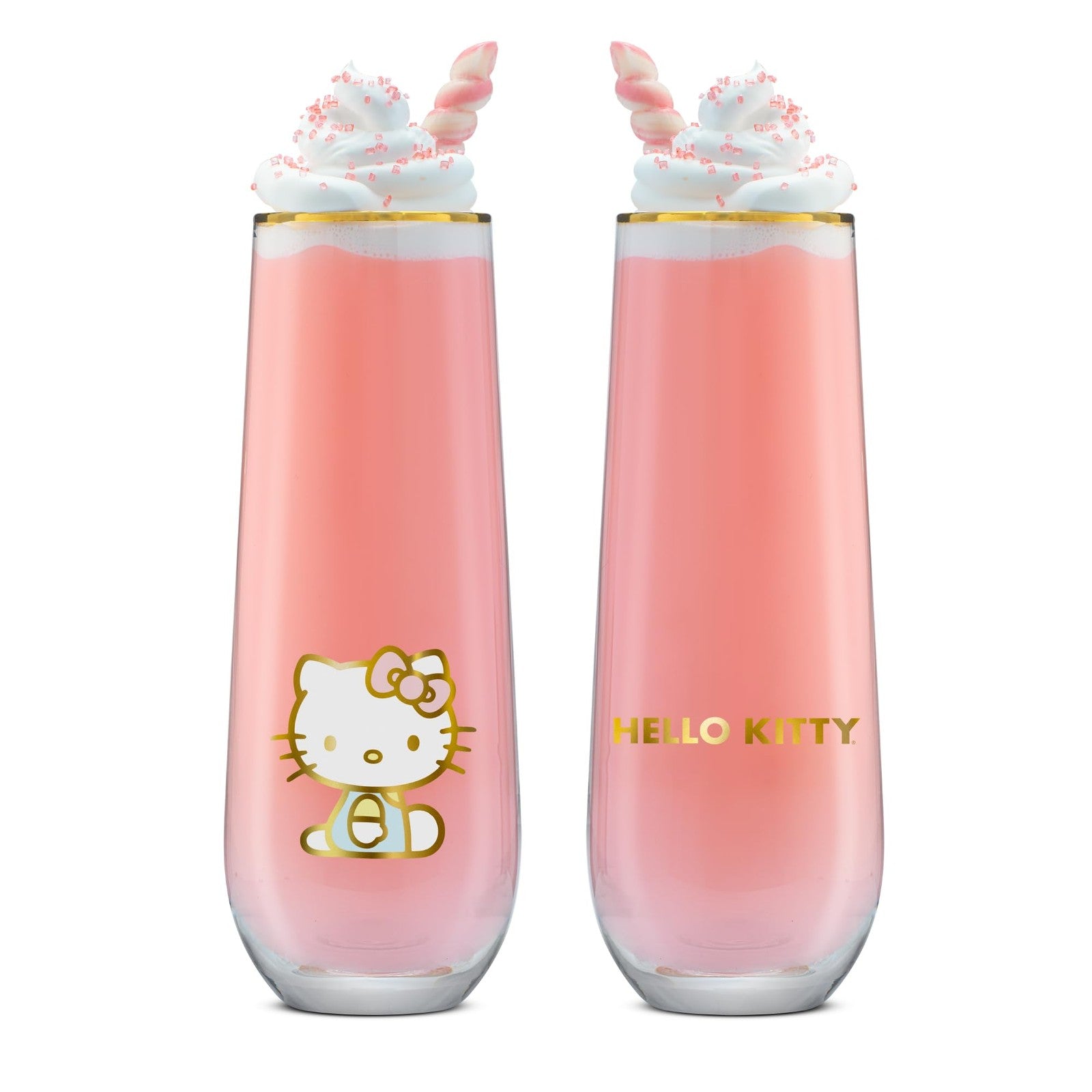 Set of four JoyJolt Hello Kitty Stay Gold stemless flutes, 9.4oz drinking glasses with gold accents, clear glass design.