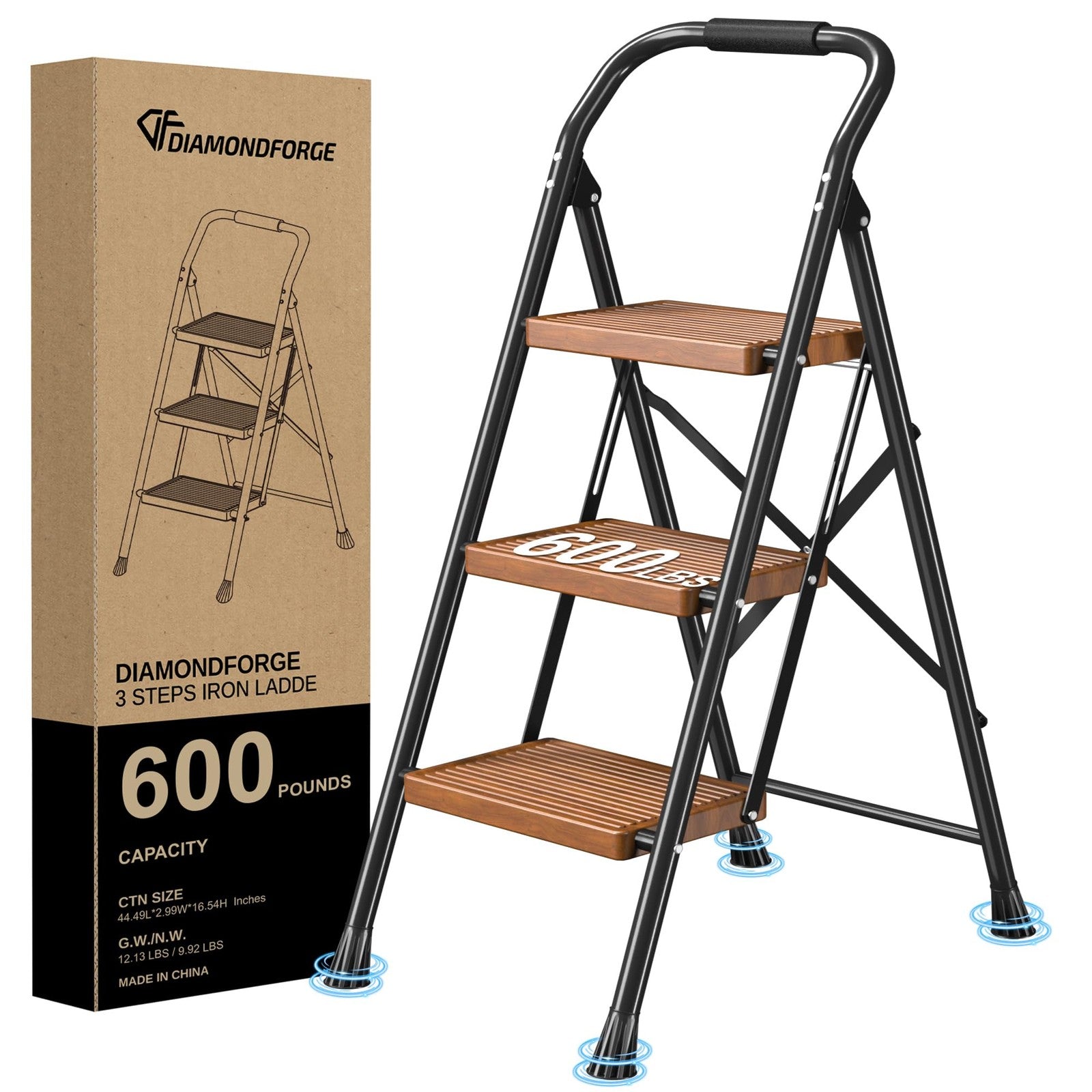 Foldable DIAMONDFORGE step ladder with three steps, suitable for home, kitchen, and adult use, shown in a folded and extended position.