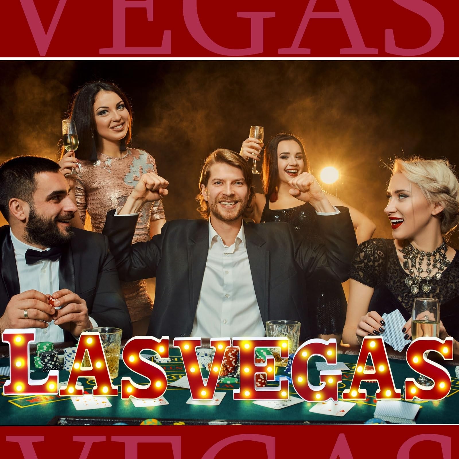 Aurelema Las Vegas 6.3-inch light-up letter sign for party decorations, battery-powered with illuminated letters on a dark background.