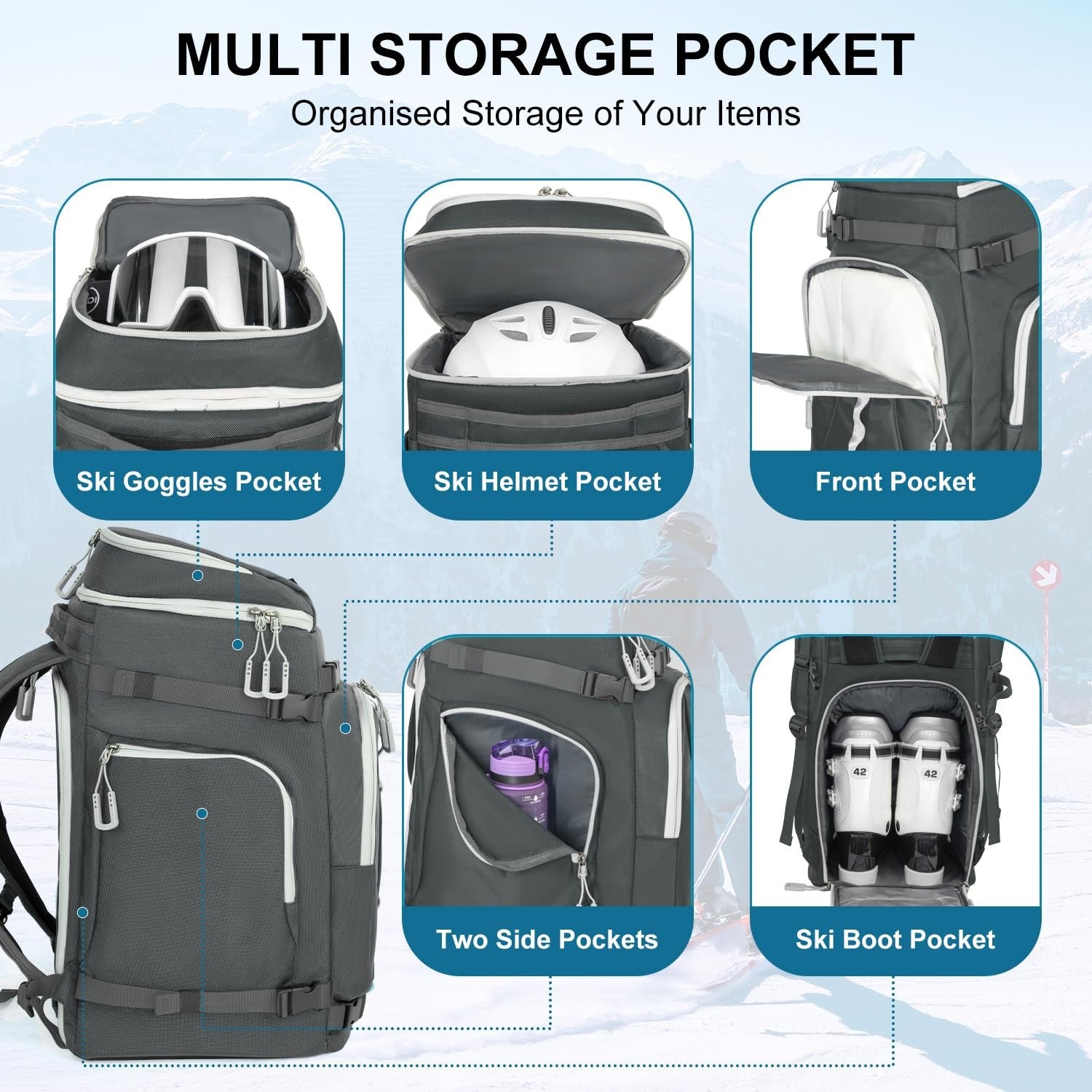Lunidry 65L waterproof ski and snowboard boot bag with multiple compartments and adjustable straps for travel and storage.
