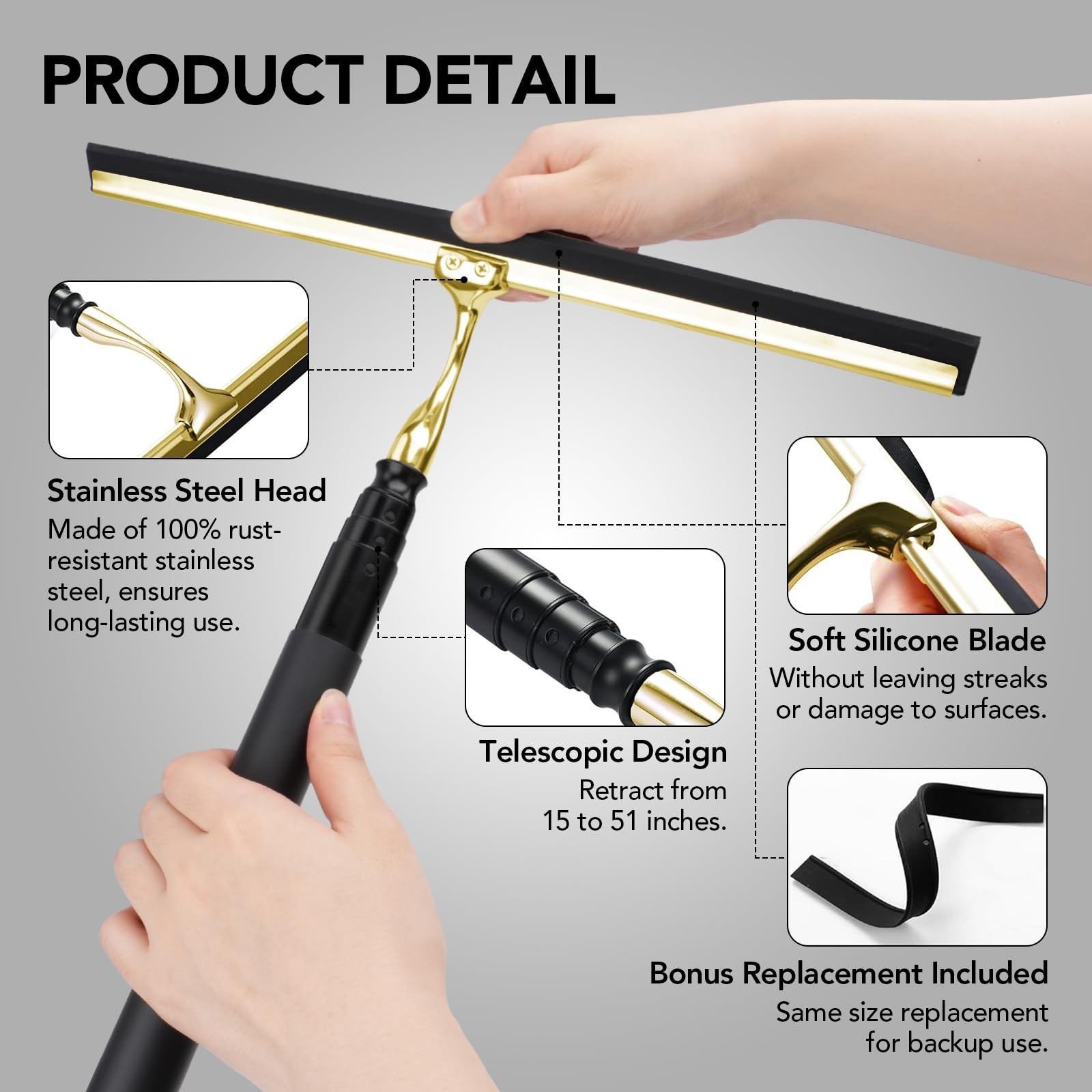 Rakovar shower squeegee with long telescopic handle, adjustable from 15 to 51 inches, for easy window and glass cleaning.