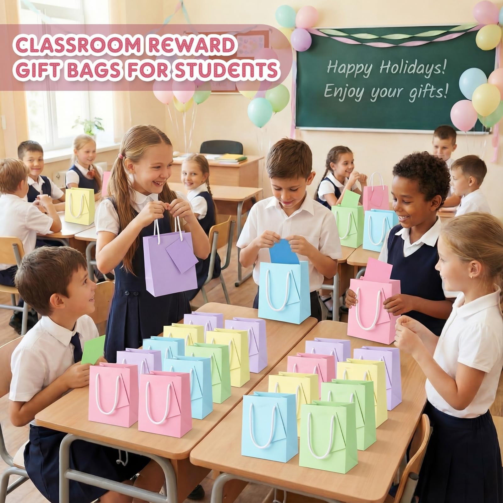 Sherr 100-piece mini gift bags set with paper bags featuring tags, measuring 4 x 2.75 x 4.5 inches, in bulk.