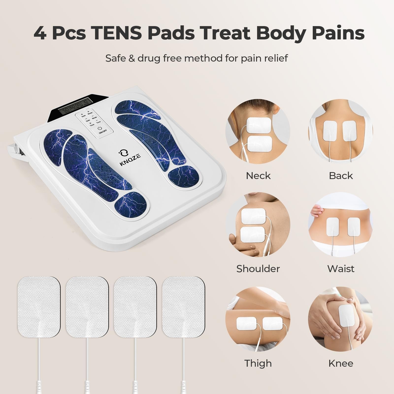 KNQZE EMS foot massager for neuropathy treatment with TENS stimulation and nerve circulation enhancement, shown on a person's feet.