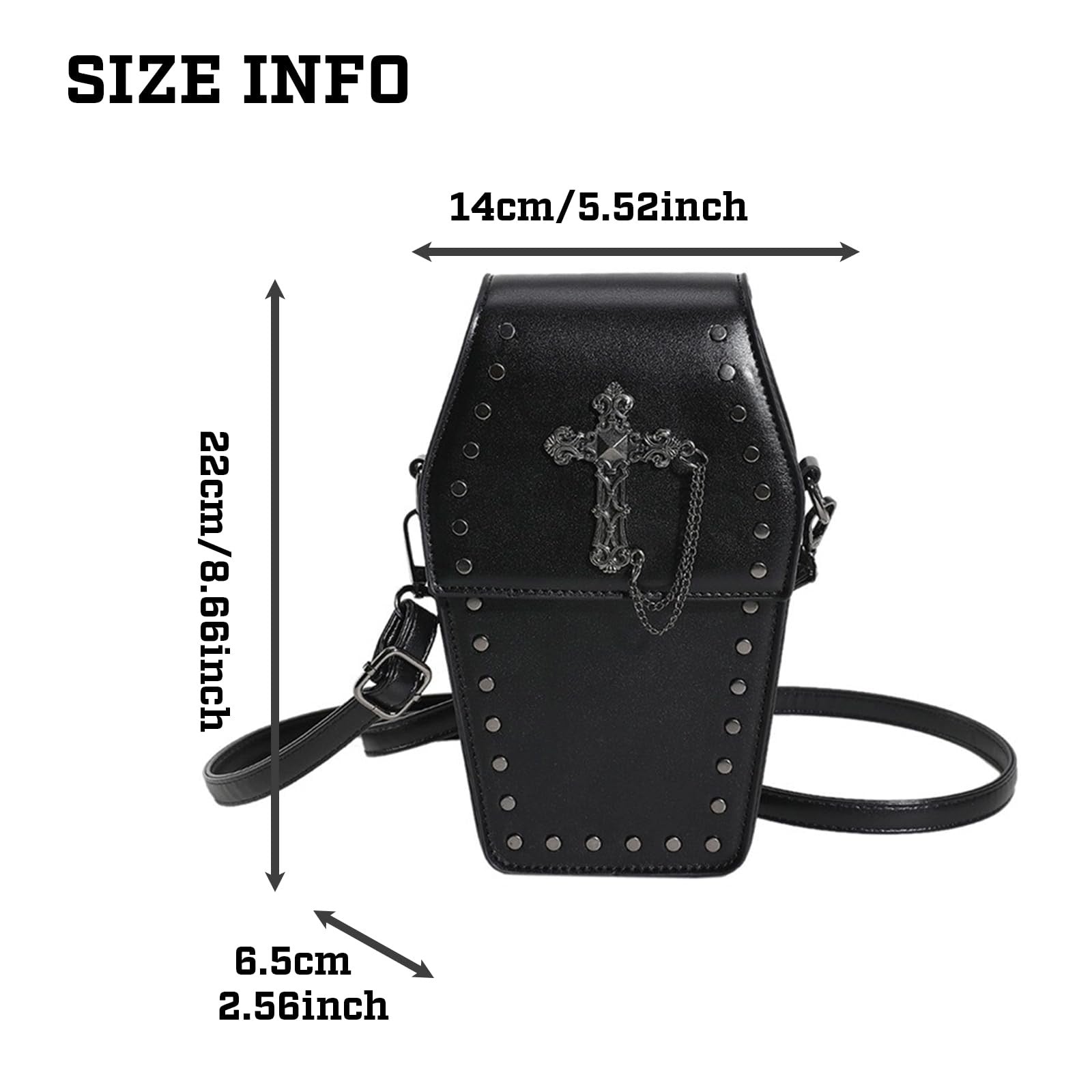 Black goth coffin purse by LOTUSTAR with cross shoulder strap, featuring a spooky Halloween-inspired design and detailed craftsmanship.