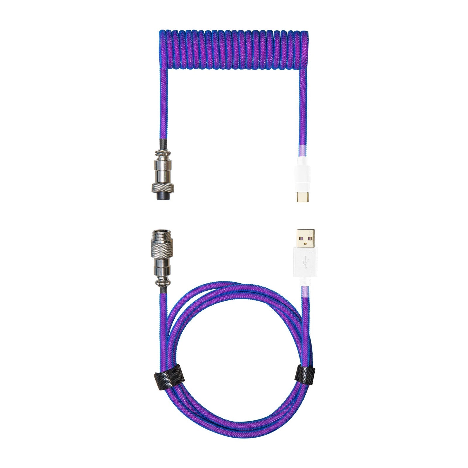 Cooler Master Thunderstorm Blue-Purple coiled cable with detachable metal Aviato connector, designed for gaming and PC setups.