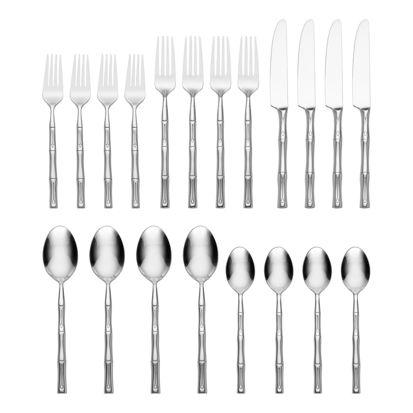 Hampton Forge Hampton Signature bamboo 20-piece flatware set with service for four, including forks, knives, spoons, and dessert forks.