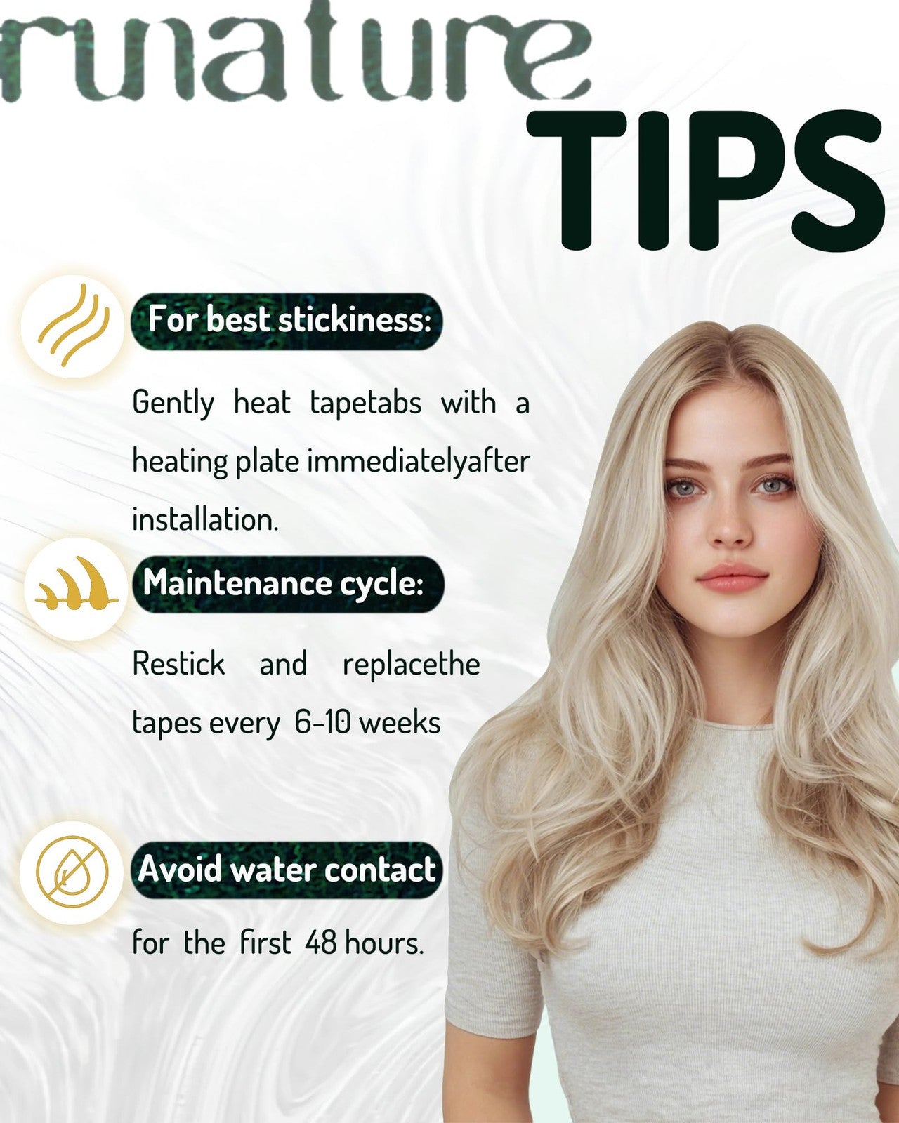 Runature blonde tape-in human hair extensions shown, seamless tape-in design with smooth, natural-looking blonde hair for added length and volume