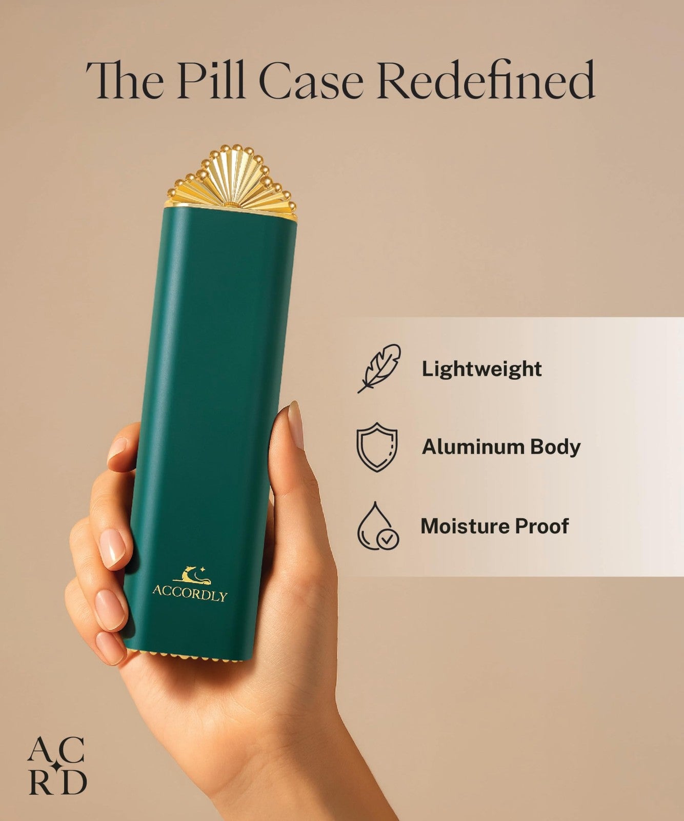 Accordly Premium Weekly Pill Organizer in light color, 7-day compact pill case for purse with individual compartments.