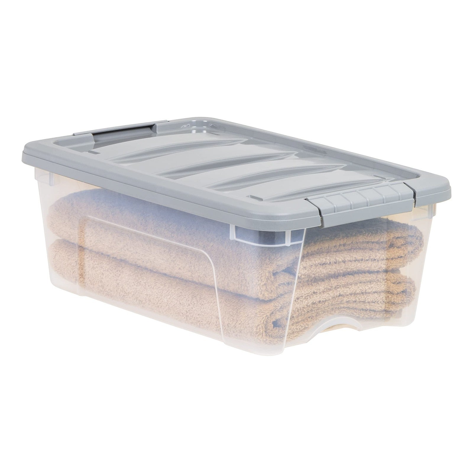 Stackable plastic storage containers with secure latching lids, ideal for organization and storage.