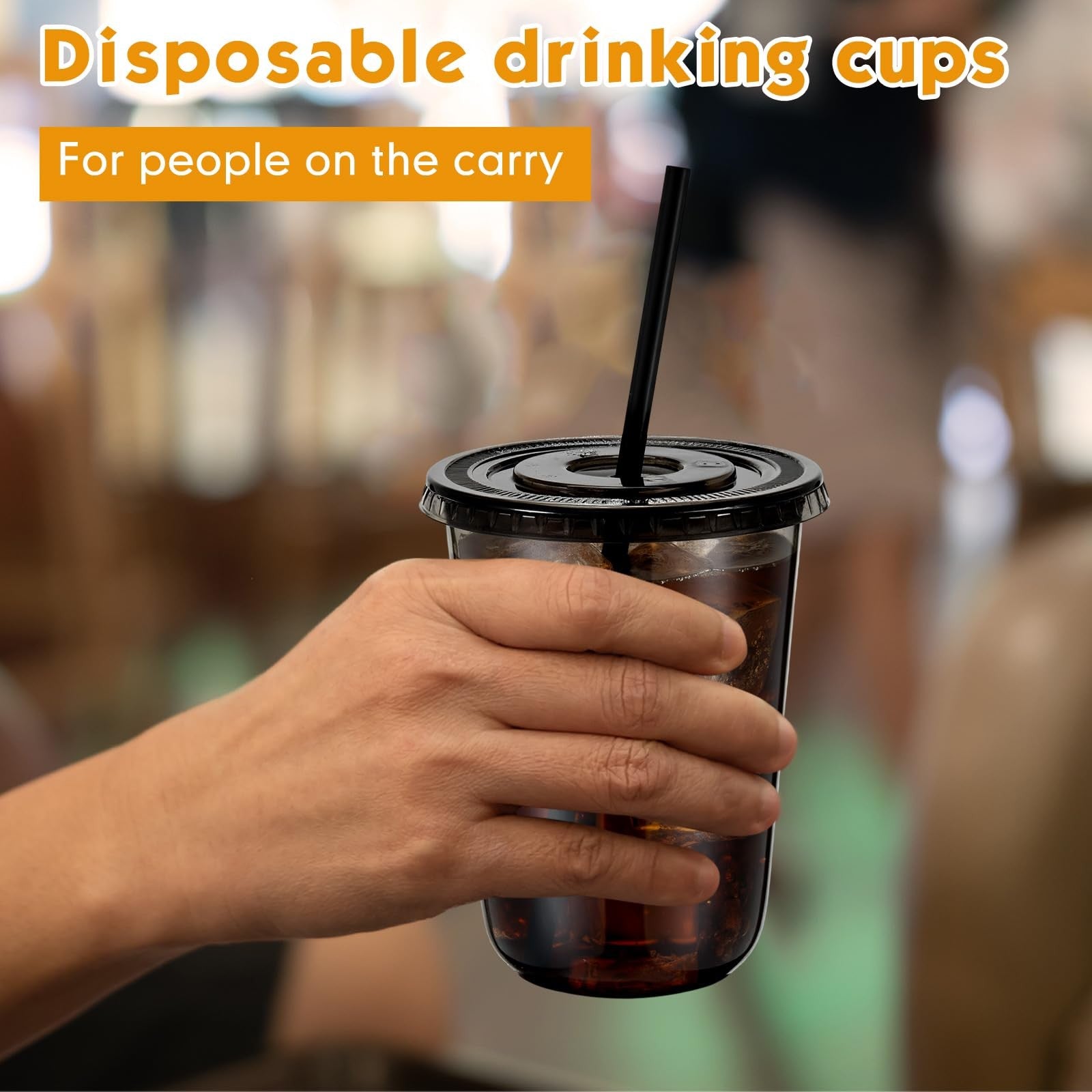 Clear plastic Ziliny 50-set of 16 oz disposable cups with lids and straws for iced beverages, made of durable PET plastic.