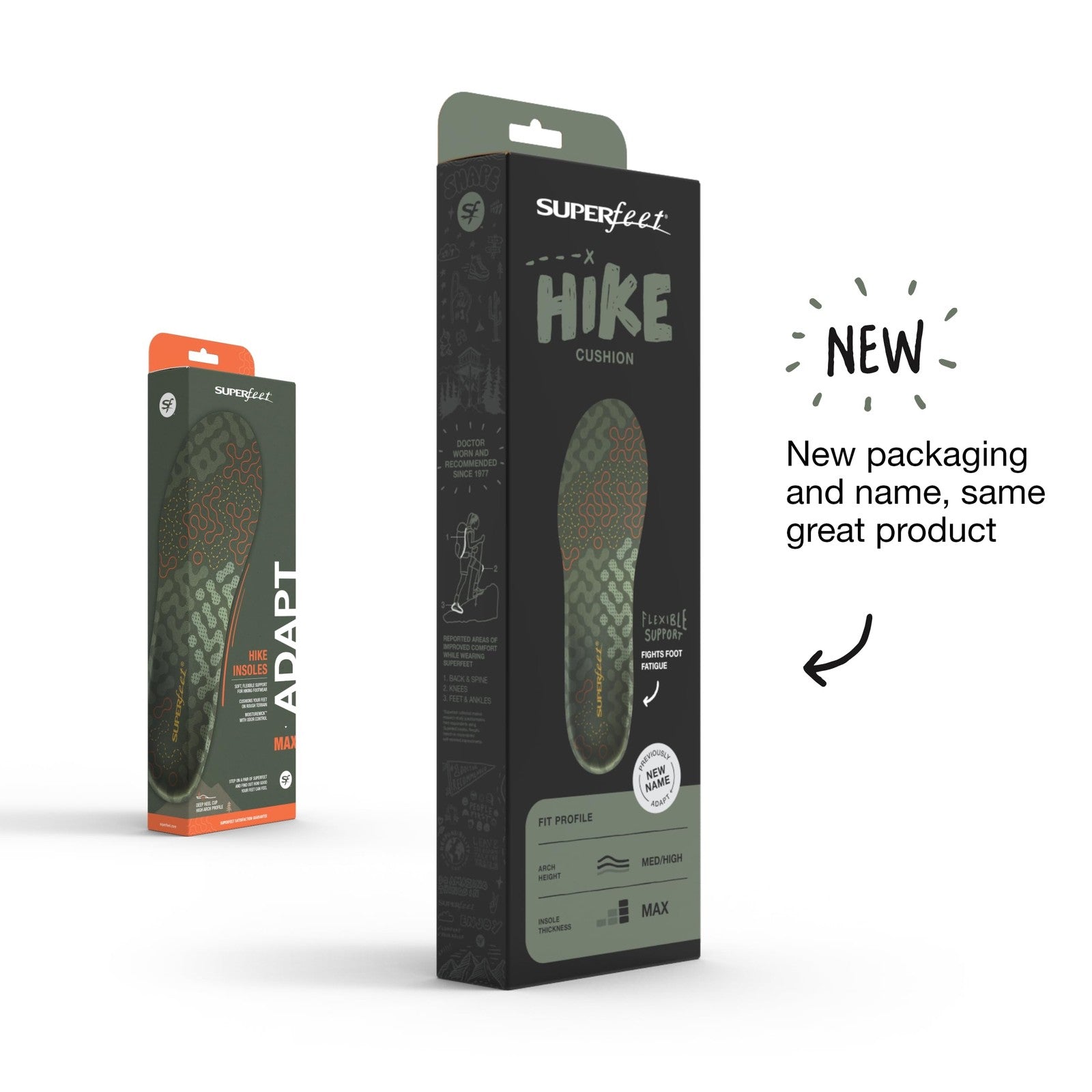 Superfeet Hike Cushion Insoles for hikers with medium to high arches, featuring adaptive support for comfortable outdoor walking.