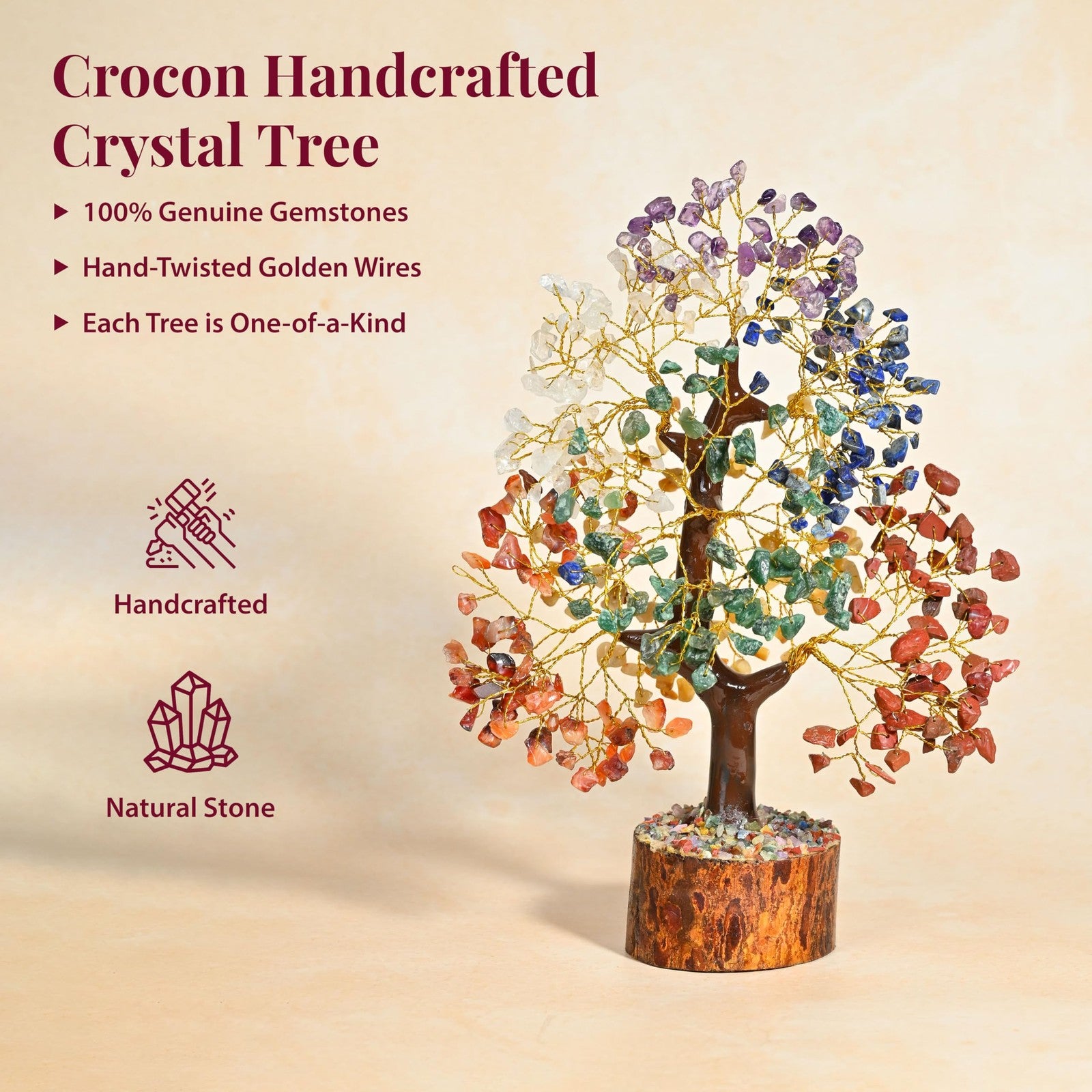 Crocon 7 Chakra Healing Crystal Tree of Life Feng Shui decor with colorful crystals and intricate metal branches for home energy balance