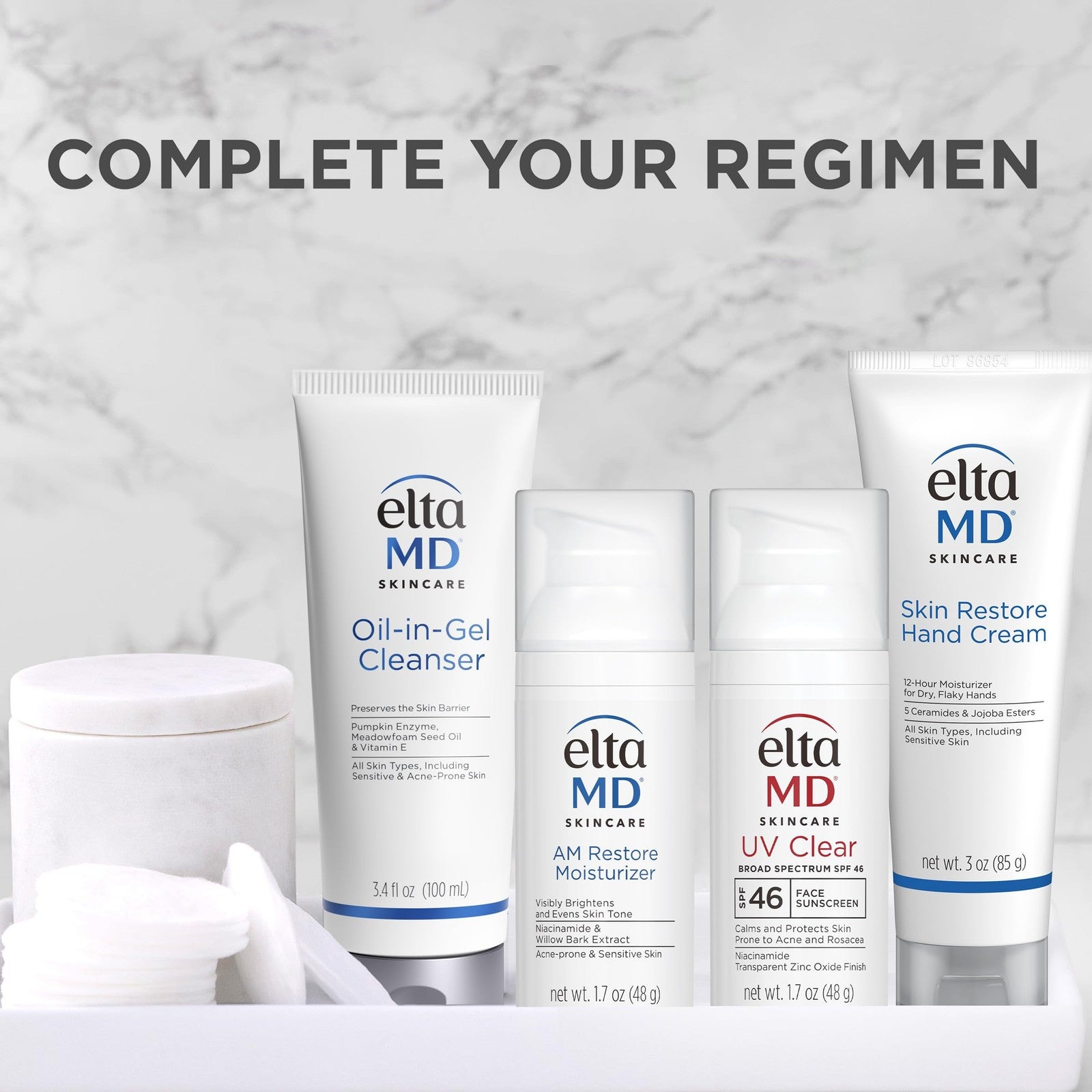 EltaMD Skin Restore Hand Cream tube with white cap, showcasing smooth, hydrating hand moisturizer on a neutral background.