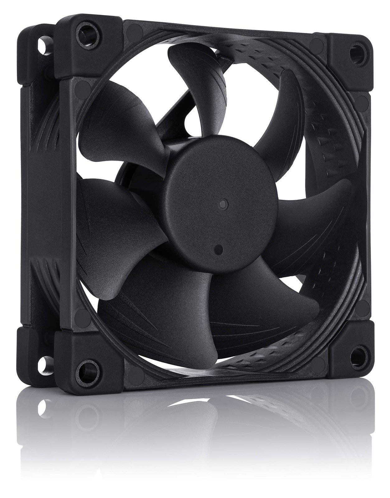 Noctua NF-A8 PWM chromax.Black.swap 80mm quiet black computer fan installed in a PC case with black anti-vibration mounts.