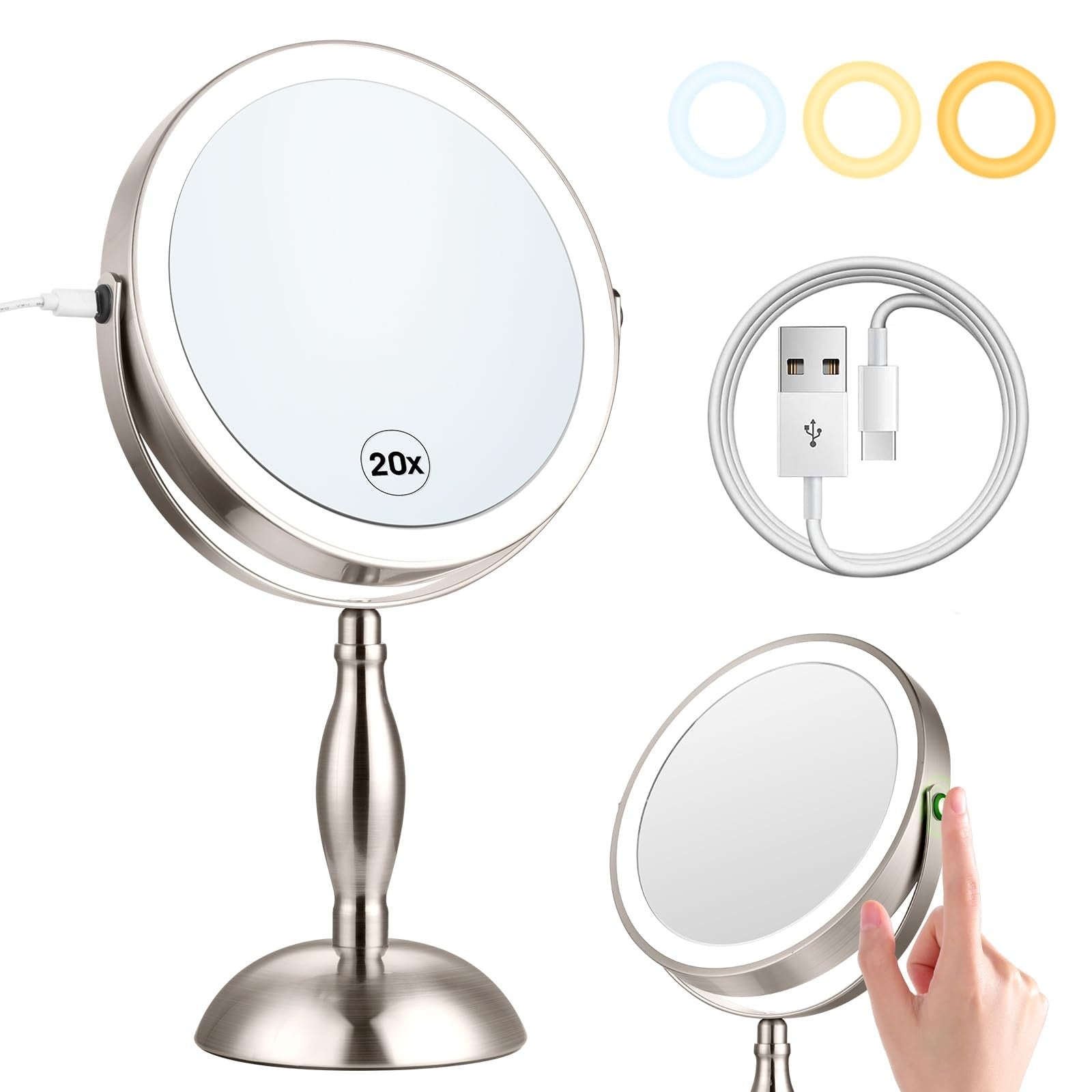 DASLAVA 20x magnifying mirror with built-in light, three color modes, and adjustable brightness for detailed grooming.